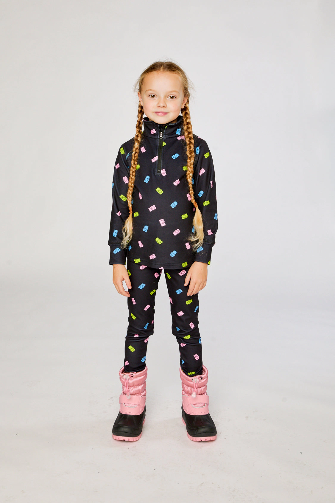 Deux par Girls Two Piece Half-Zip Thermal Underwear Top and Pants Set with Printed Gummy Bears