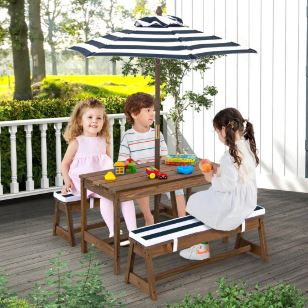 Hivvago Kids Picnic Table And Bench Set With Cushions Height Adjustable Umbrella