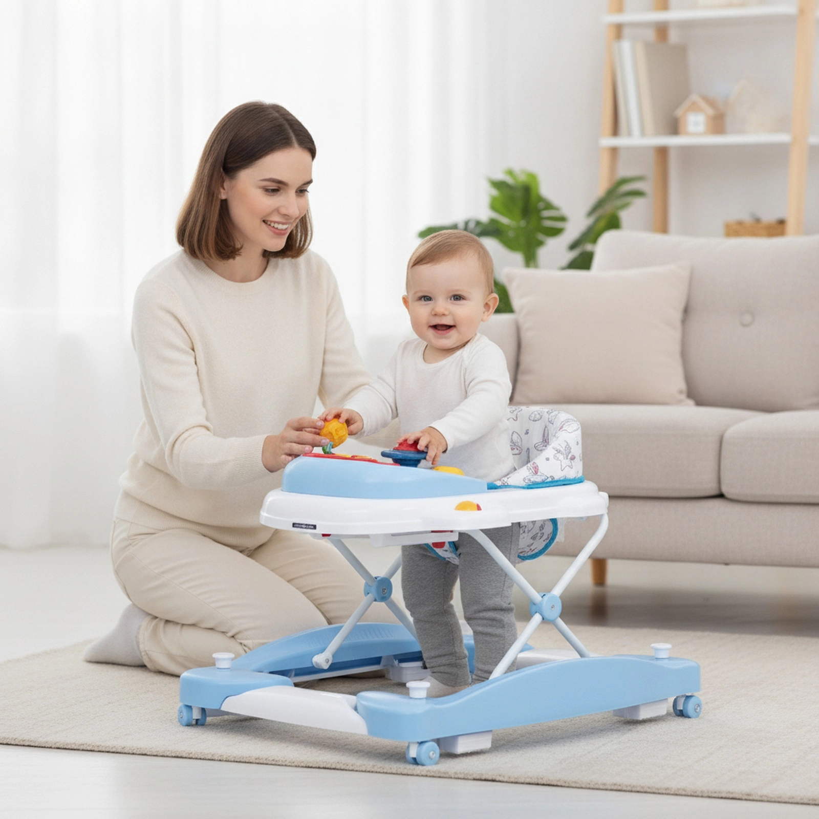 6-in-1 Foldable Baby Walker with Wheels 3 Adjustable Heights Music Tray and Washable Seat for Boys and Girls in Blue