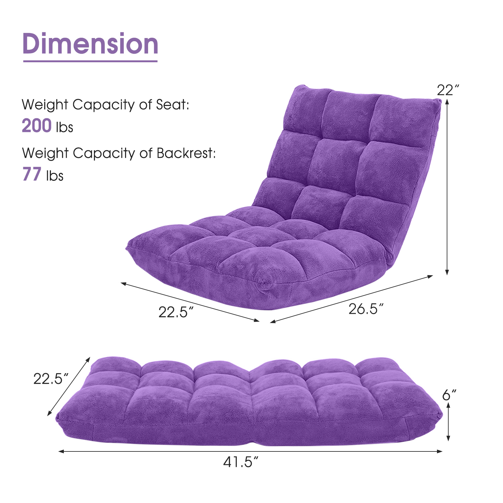 SUGIFT 14-Position Adjustable 200-lb Capacity Purple Cushioned Folding Floor Chair with Back Support