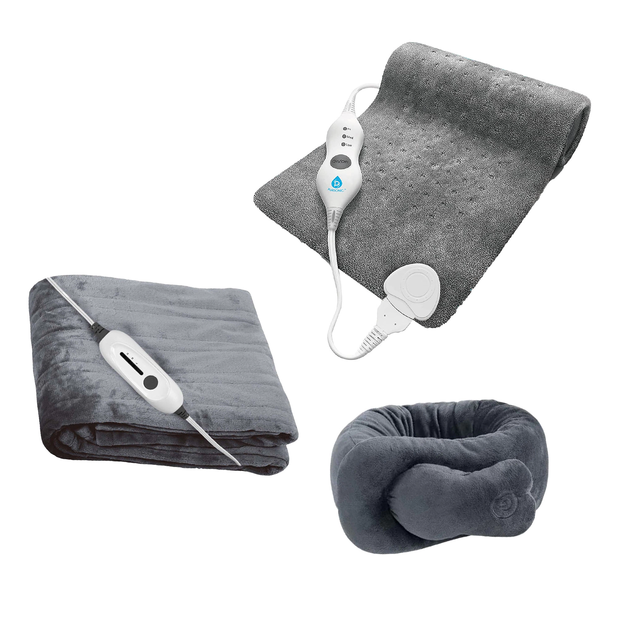 Pursonic Unisex Total Warmth & Comfort Bundle with Heated Blanket, Heating Pad & Massaging Wrap