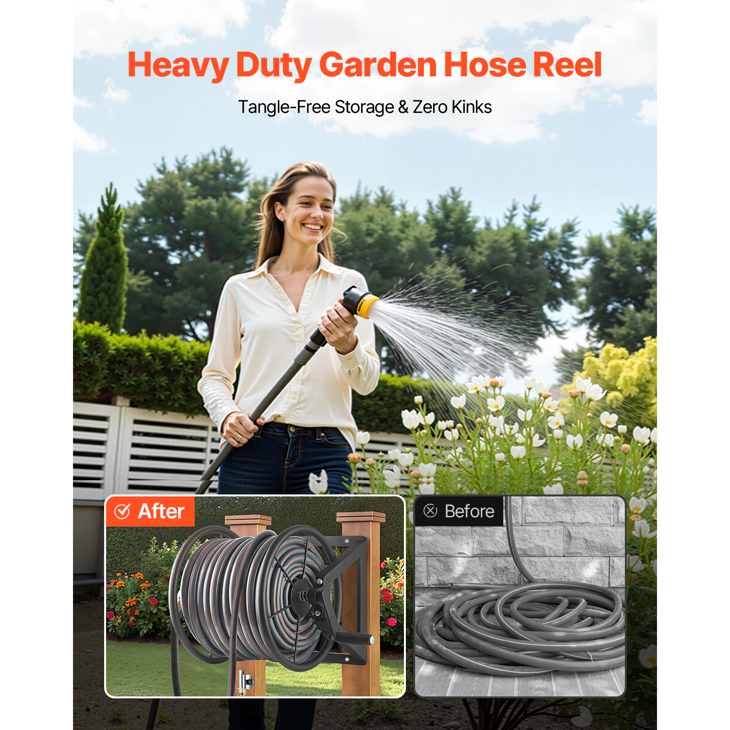 HONGGE Heavy-Duty Wall Mounted Garden Hose Reel Holds 5/8-inch Hose Outdoor Winder