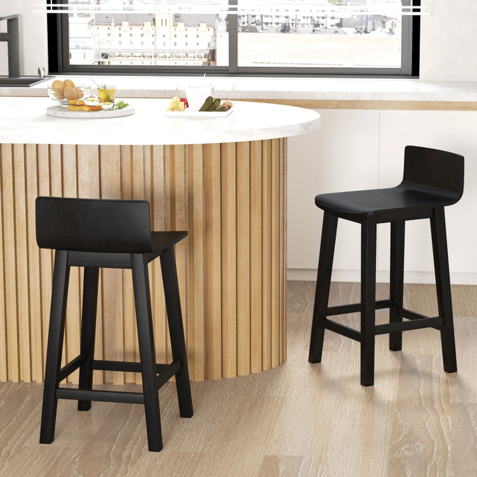 SUGIFT Set of 2 Black Mid-Century Solid Wood Bar Stools, 24.5 in Seat, Backrest and Footrest