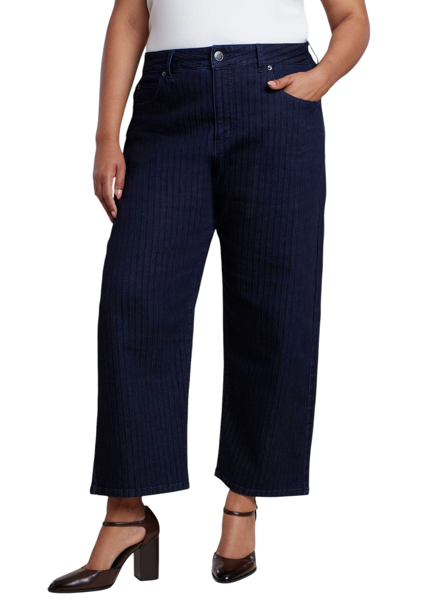 ELOQUII Women's Plus Striped Straight-Leg Ankle Jean