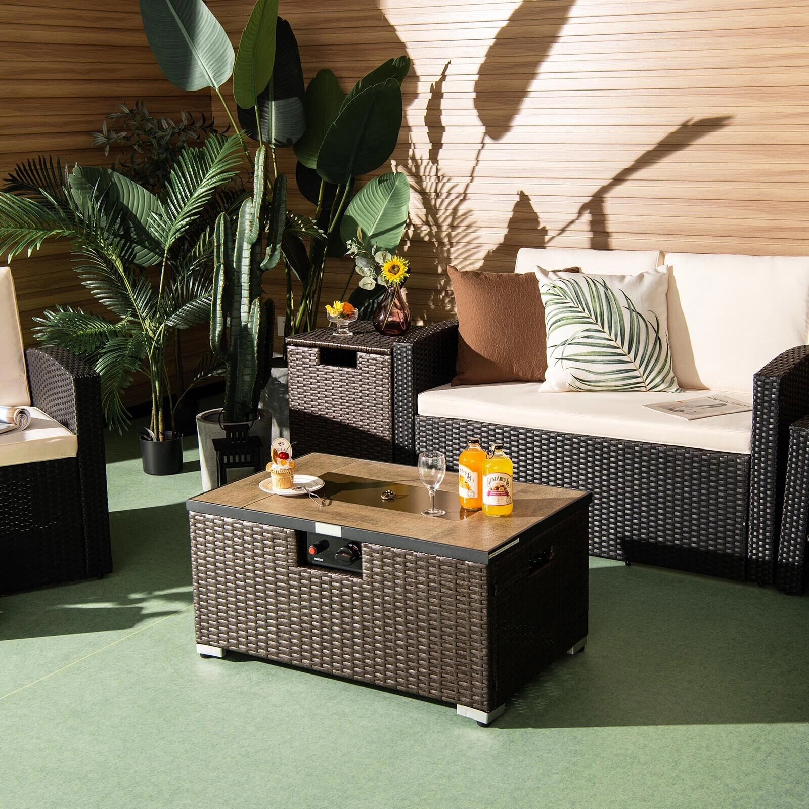 SUGIFT Brown Rattan Propane Fire Pit Table Set with Tank Holder 32-in W 20-in D 16-in H 256-lb Tabletop Capacity
