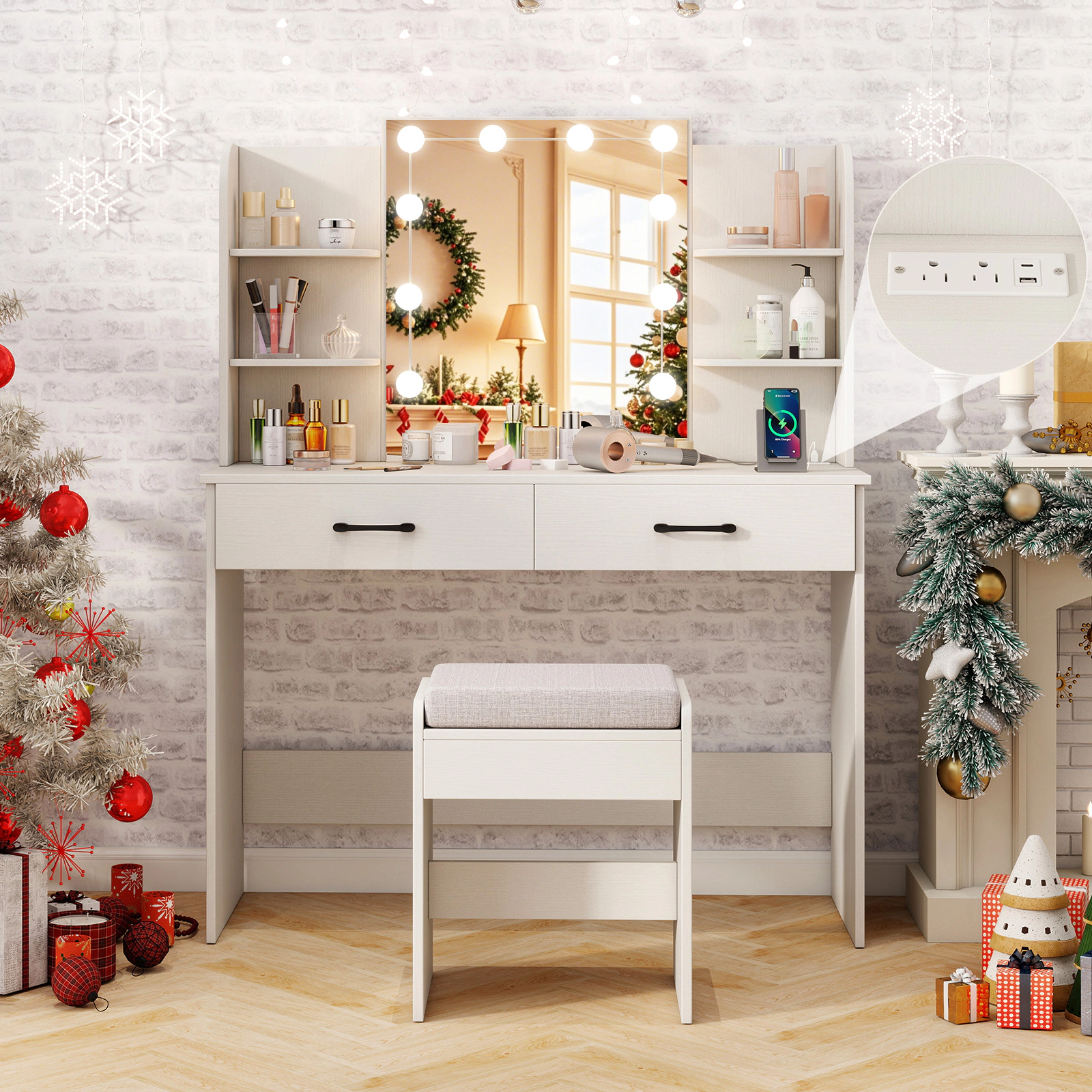SUGIFT Lighted Mirror Vanity Set with Power Outlet and Stool 154-lb Tabletop Capacity White