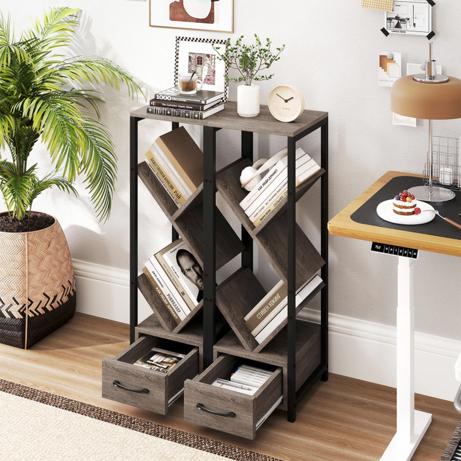 SUGIFT 4 Tier Floor Tree Bookshelf with Drawer and Metal Frame 36-in Tall 33-lb Per Shelf Capacity Gray & Black