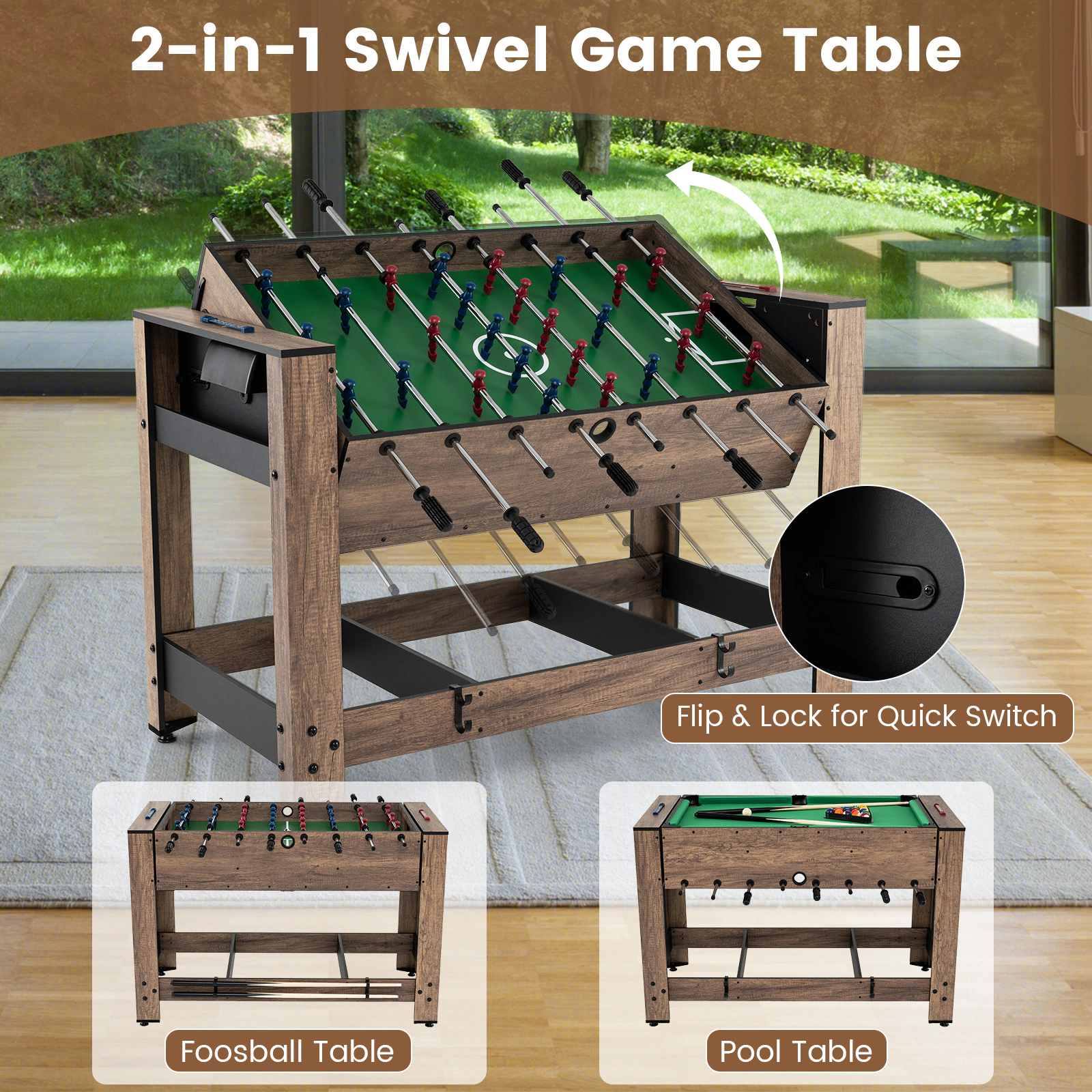 SUGIFT 48-in 2-in-1 Swivel Foosball and Pool Combo Game Table with Cue Sticks and Adjustable Leg Levelers
