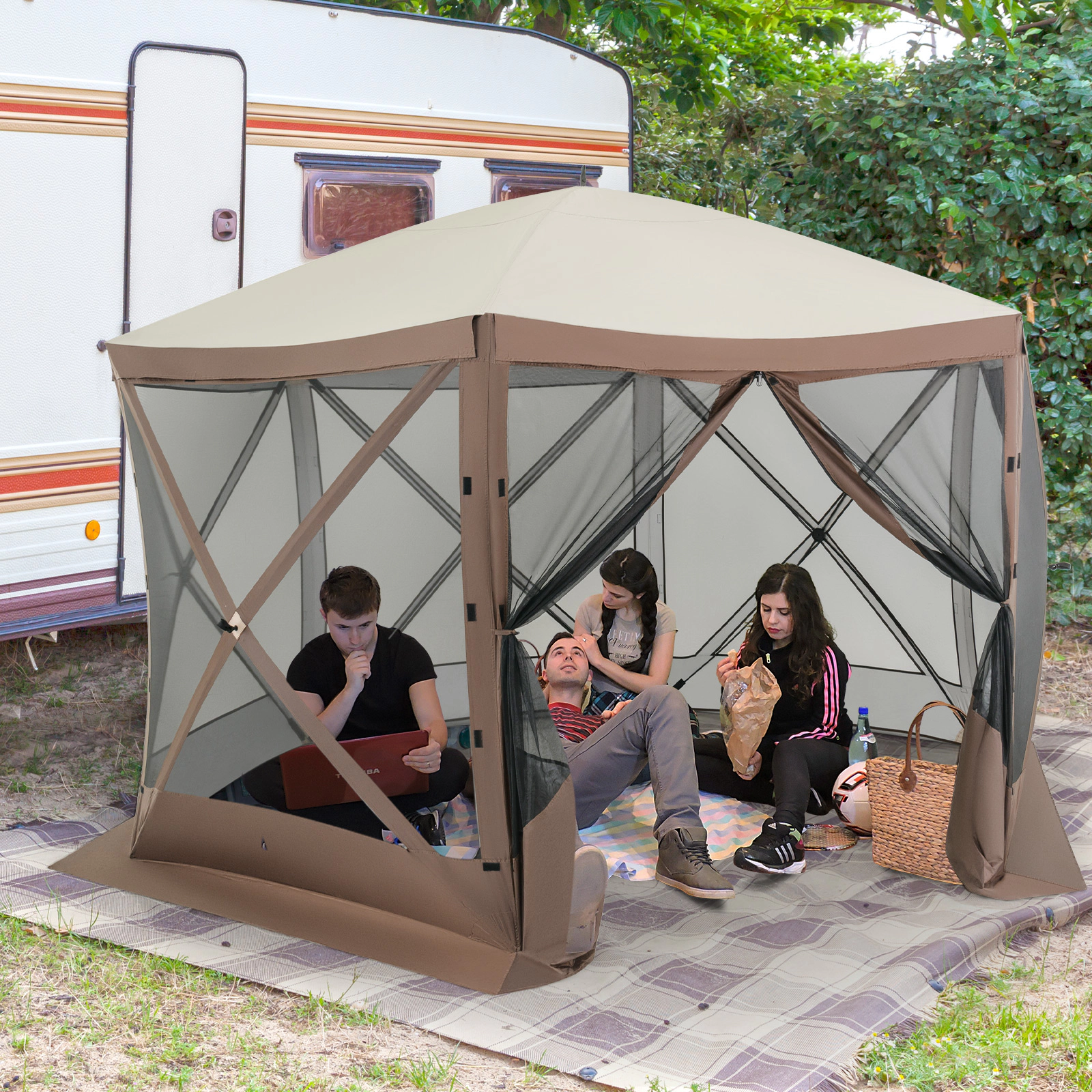 SUGIFT Pop-up Gazebo Coffee 6-Sided Screen House Hub Tent with Mesh Netting Walls