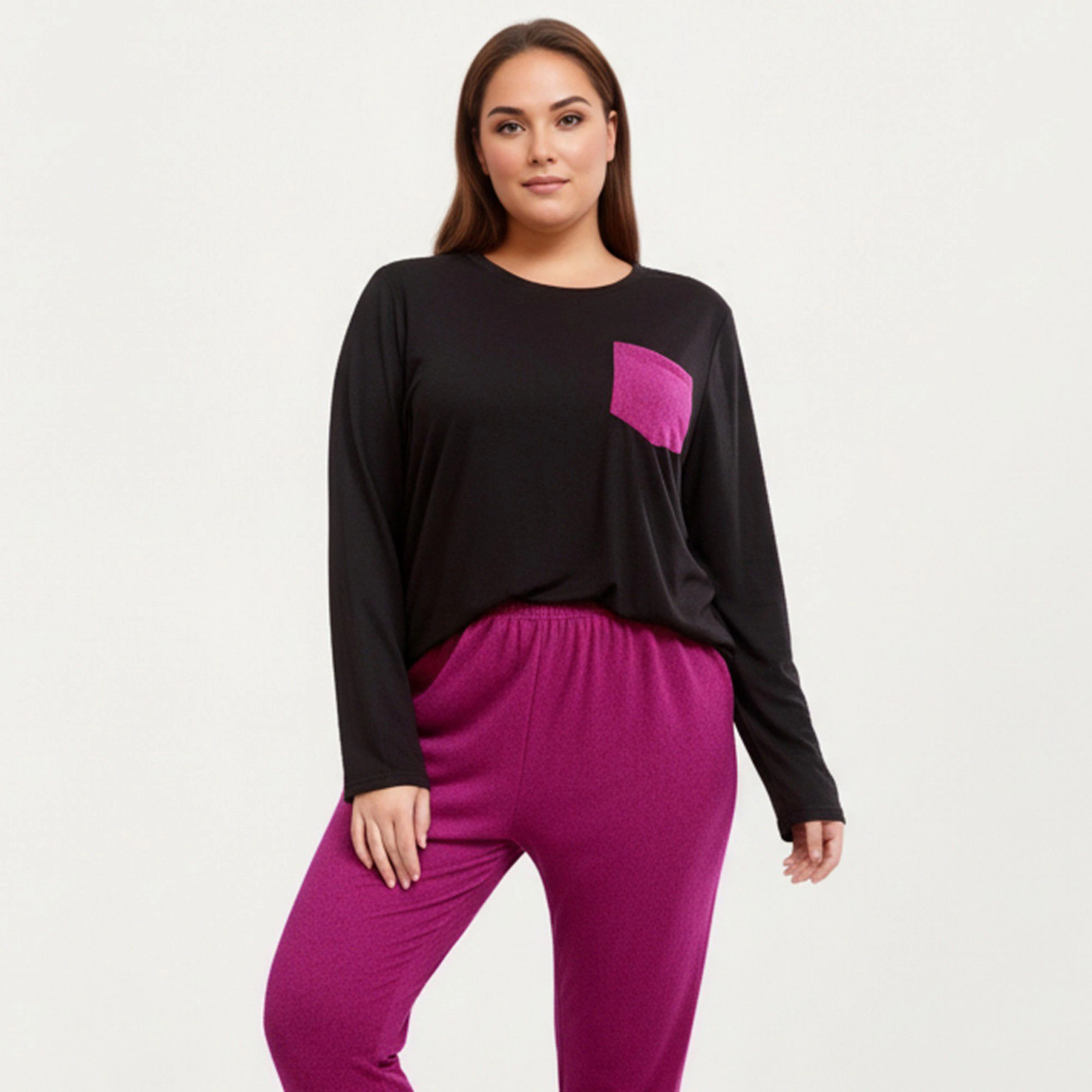 Anna-Kaci Women's 2-Piece Long Sleeve Knit Top Contrast Pocket and Soft Stretch Pajama Pants Relaxed Tapered Fit