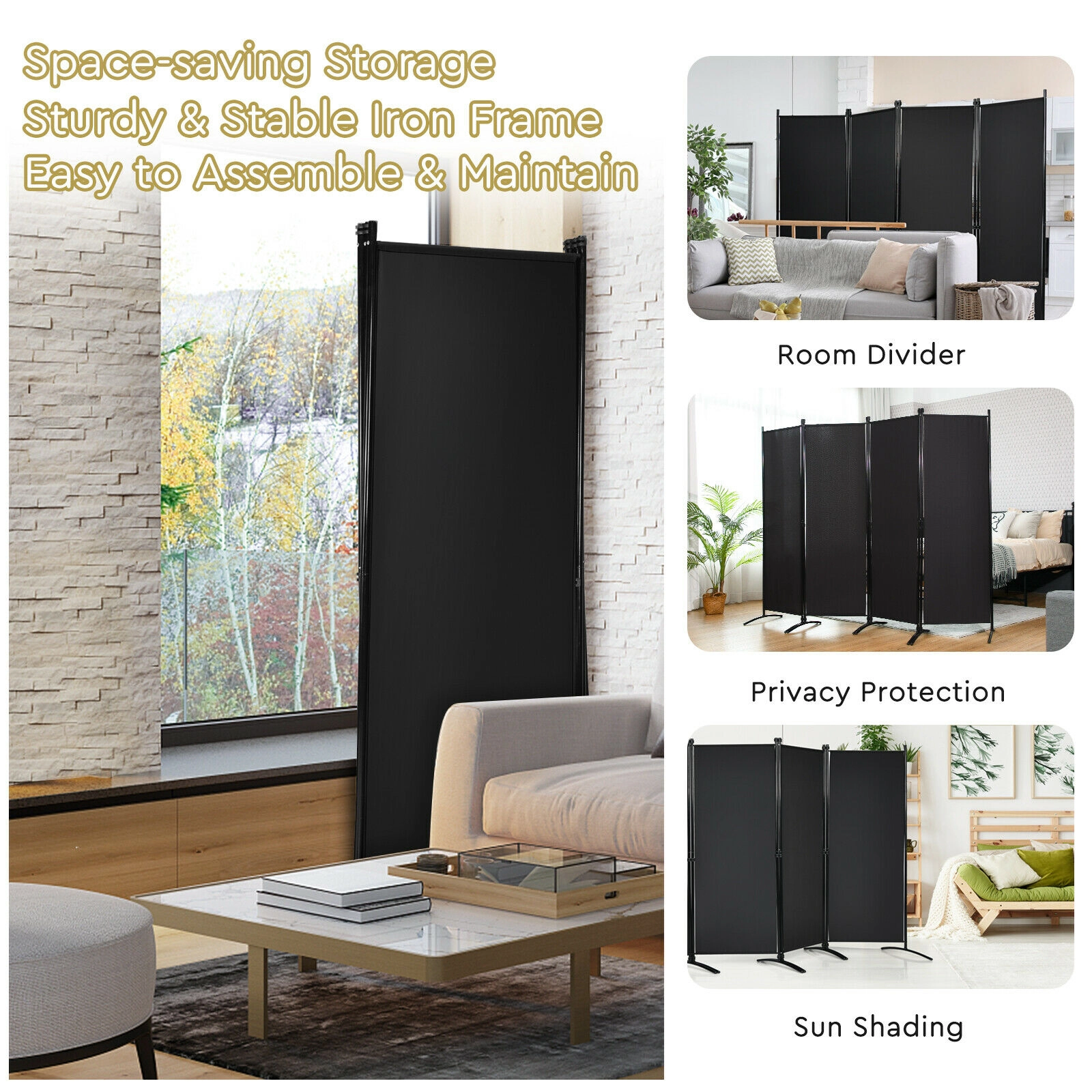 SUGIFT 4-Panel 88-in Wide 68-in Tall Folding Room Divider Wall Privacy Screen with Steel Frame and Square Feet