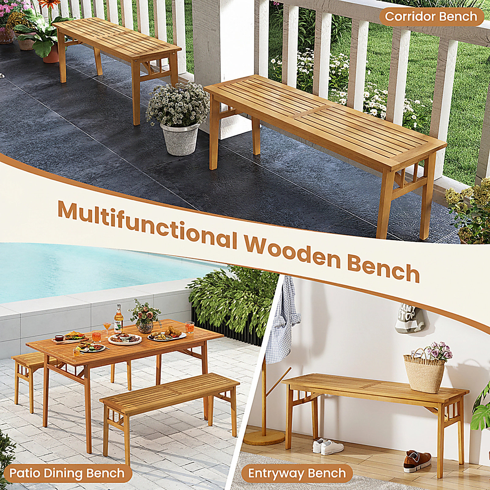 SUGIFT 3 Piece Patio Picnic Set Acacia Wood 63 in Table with 2 Backless Benches