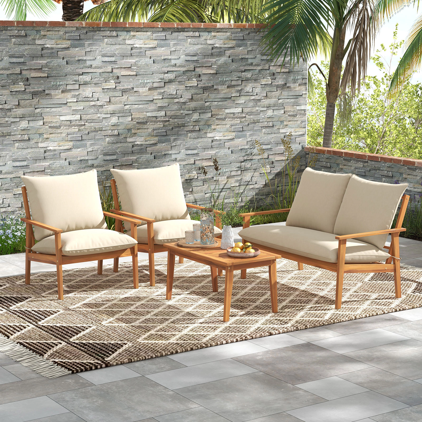 SUGIFT 5.3 in Thick Cushions 4-Piece Off White Acacia Wood Patio Conversation Set