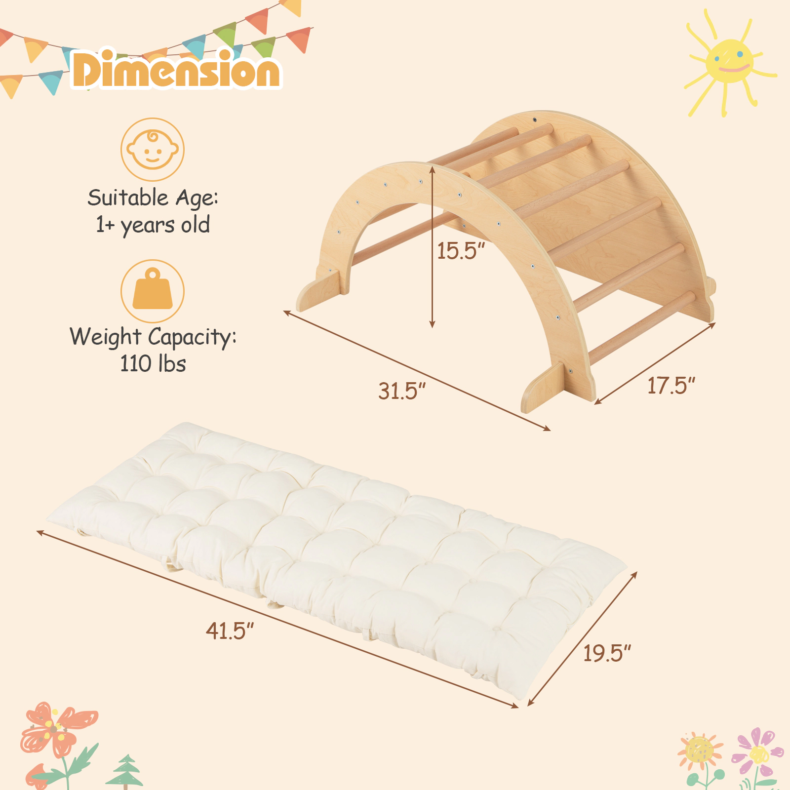 SUGIFT Beige Removable Cushion 31.5 Inch Kids Montessori Climbing Arch and Rocker