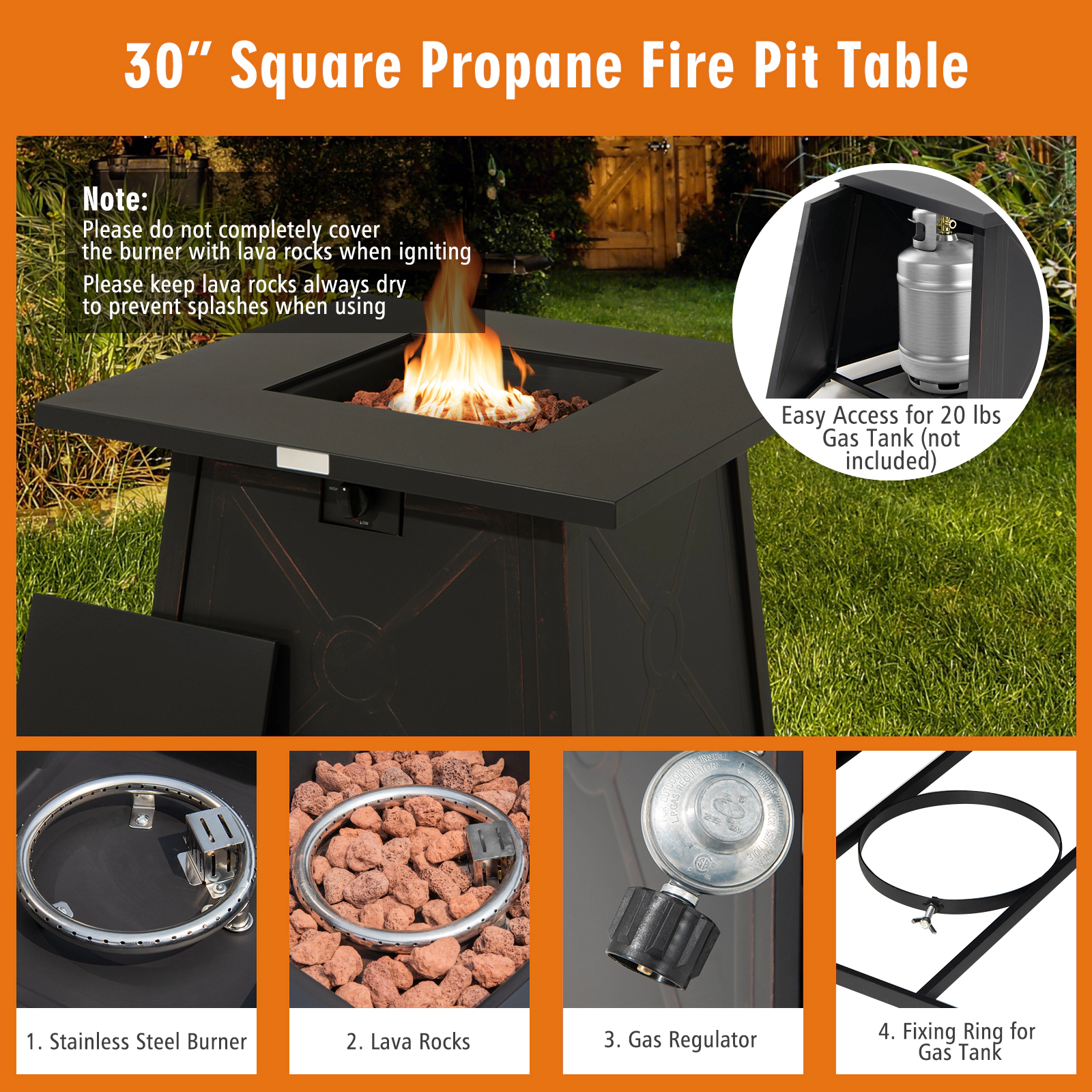 SUGIFT 30-Inch Square Propane Fire Pit Table, 50,000 BTU, Lava Rocks, PVC Cover