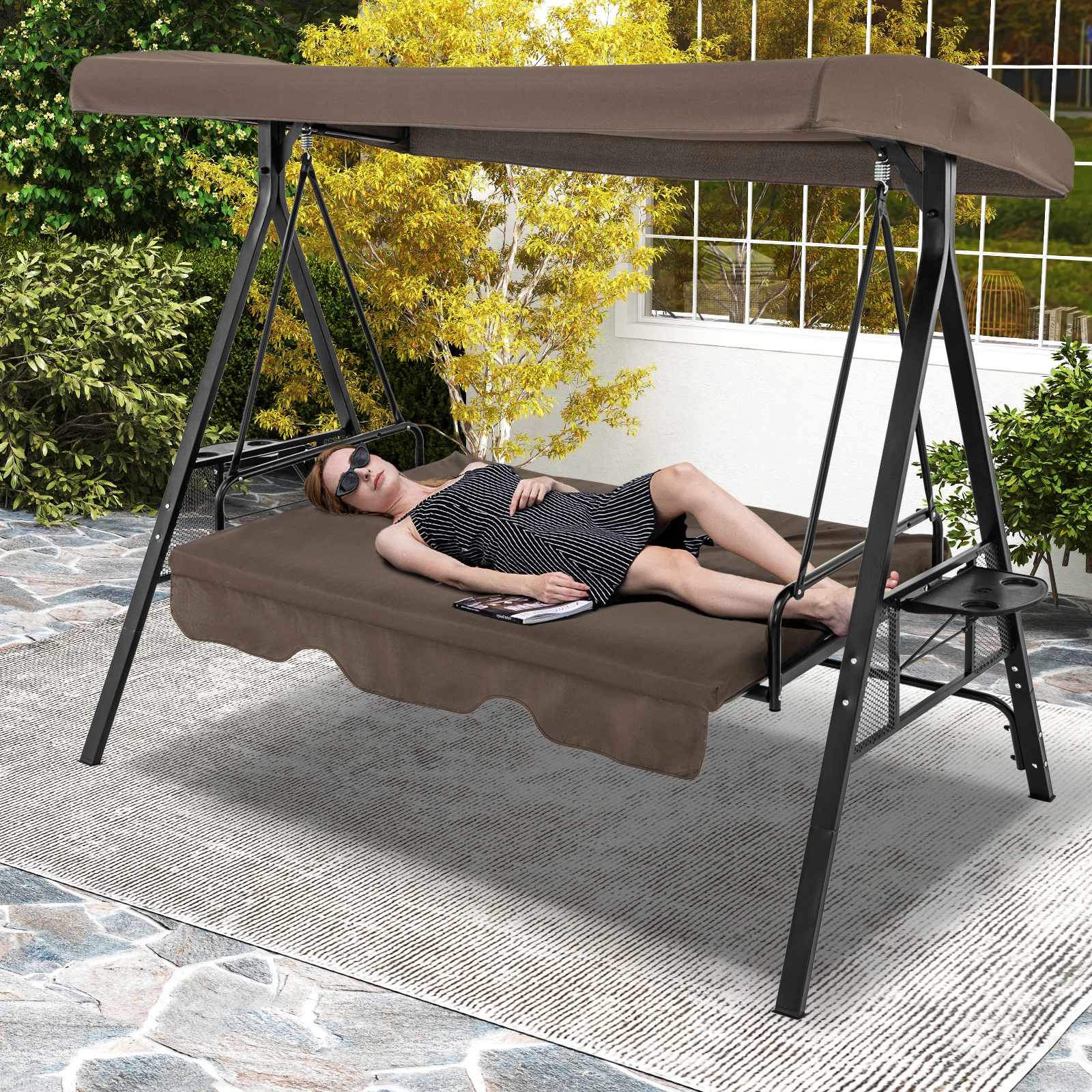 Hivvago Convertible 3-Seat Patio Porch Swing Chair to Flat Bed with Adjustable Canopy