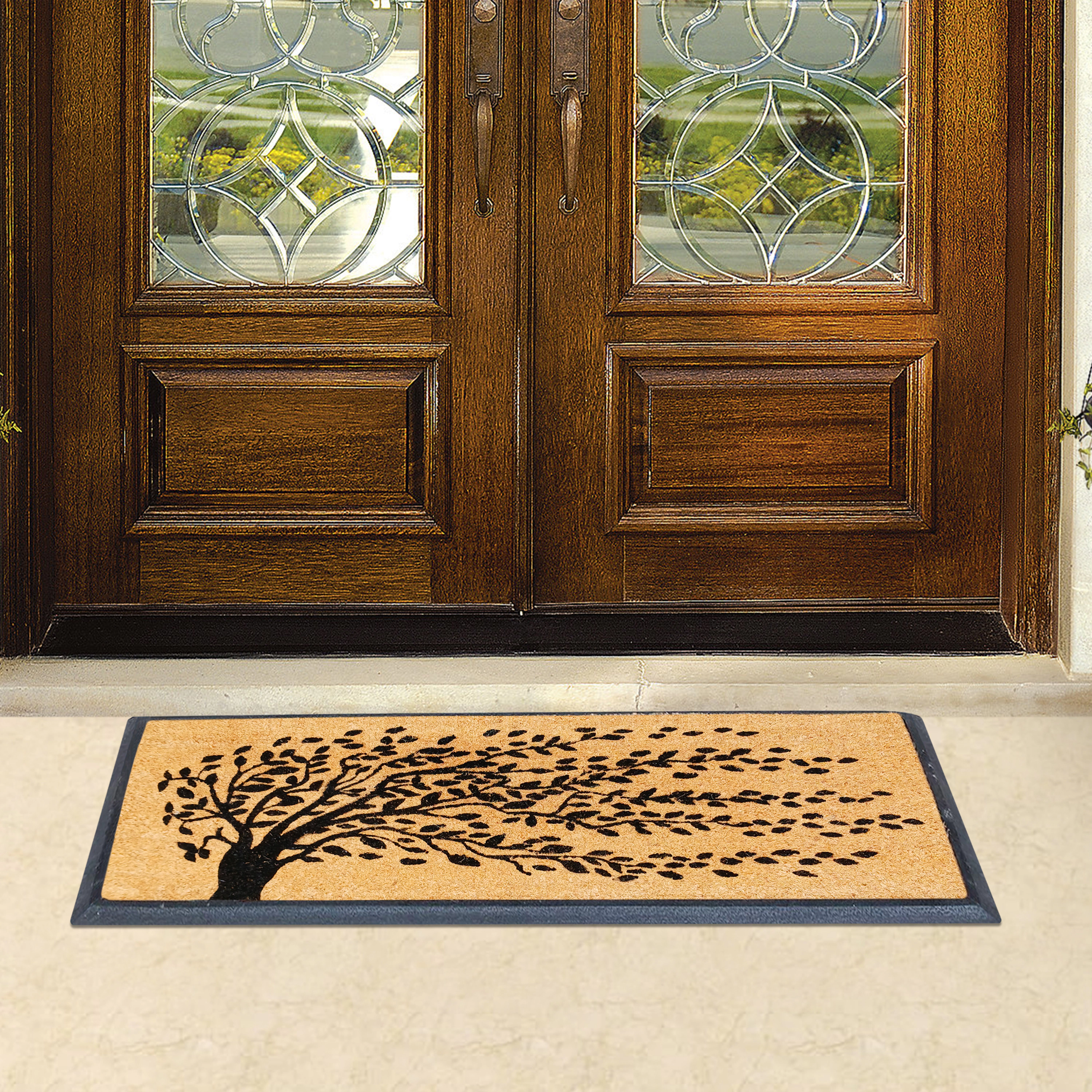 A1HC Coir and Rubber Door Mat 48x18 Inches Heavy Duty Durable Low-Profile Falling Leaves