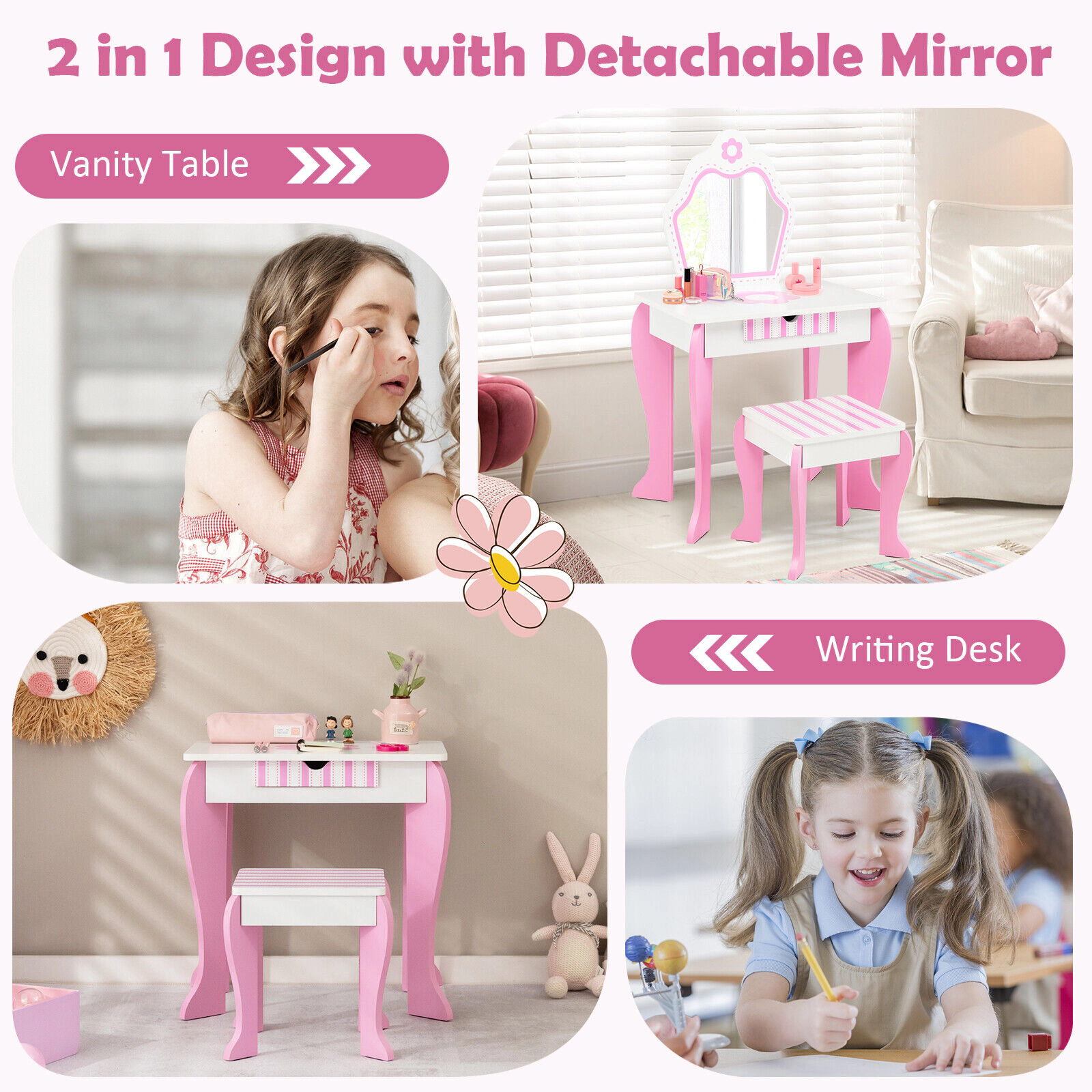 SUGIFT Kids Detachable Mirror Top Flower Patterns Vanity Table and Chair Set 19.5-in x 13.5-in x 34-in 66-lb White