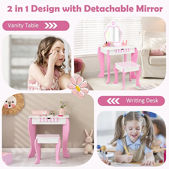 SUGIFT Kids Flower Pattern Vanity Table and Stool Set with Removable ...