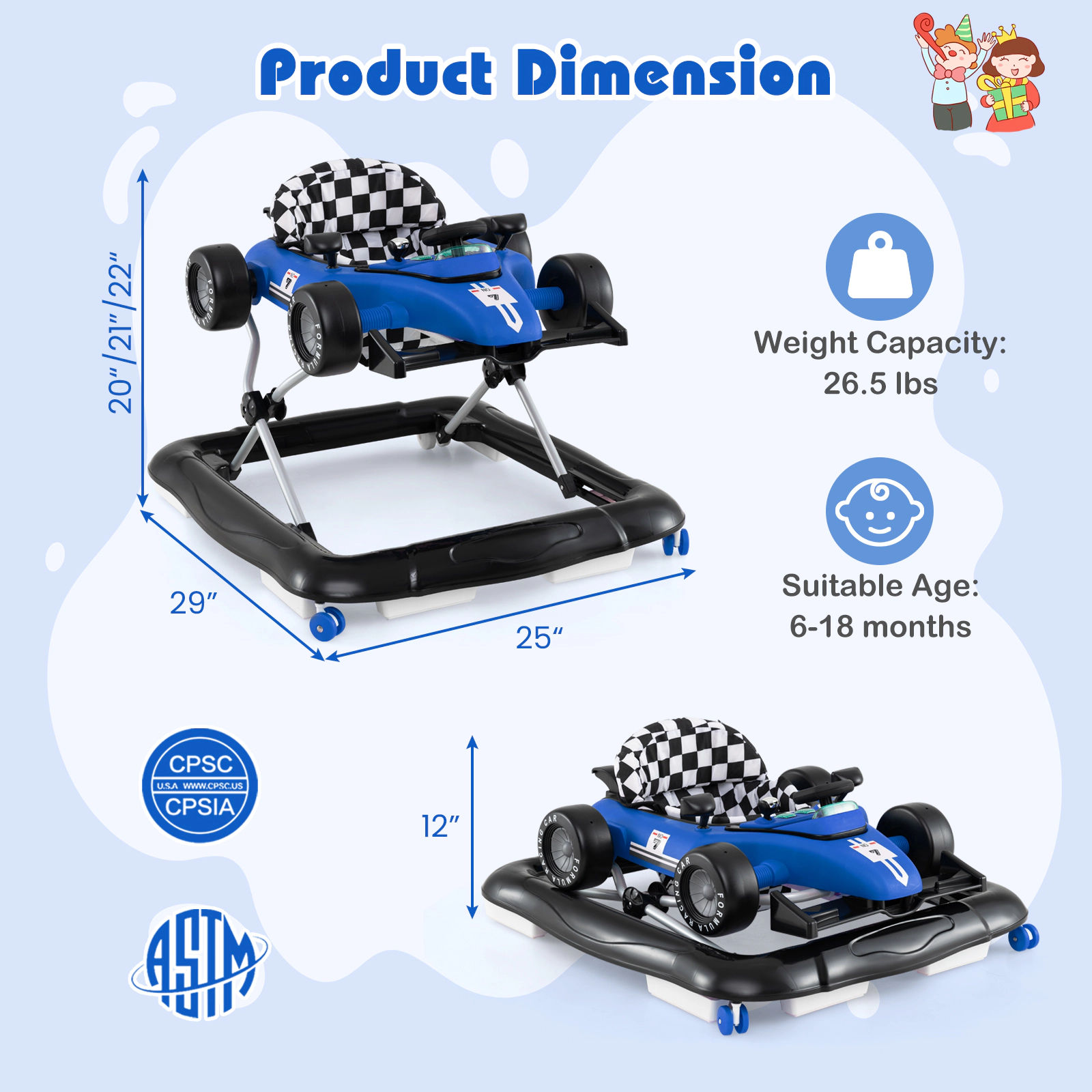 4-in-1 Baby Push Walker and Activity Center with Noise-Free Wheels Easy-Grip Handle Music Box and 3 Heights in Blue