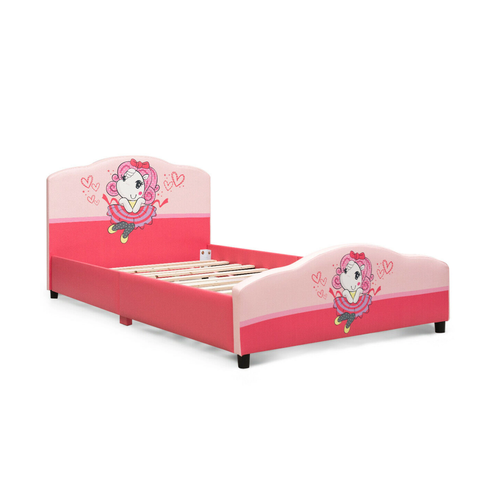 SUGIFT Twin Size Pink Kids Upholstered Platform Bed Frame with Cartoon Headboard 42-in W 31.5-in H 350-lb