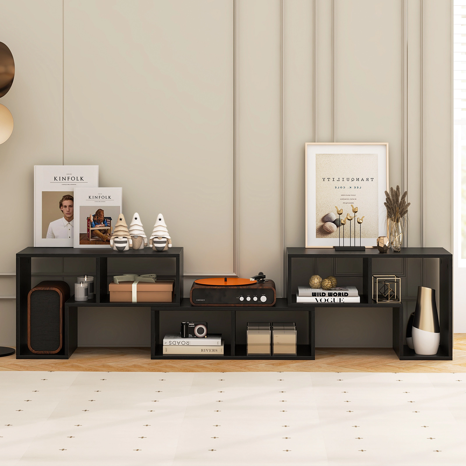 SUGIFT 3-Piece Black TV Stand for TVs up to 65 Inches, 6 Open Storage Bays