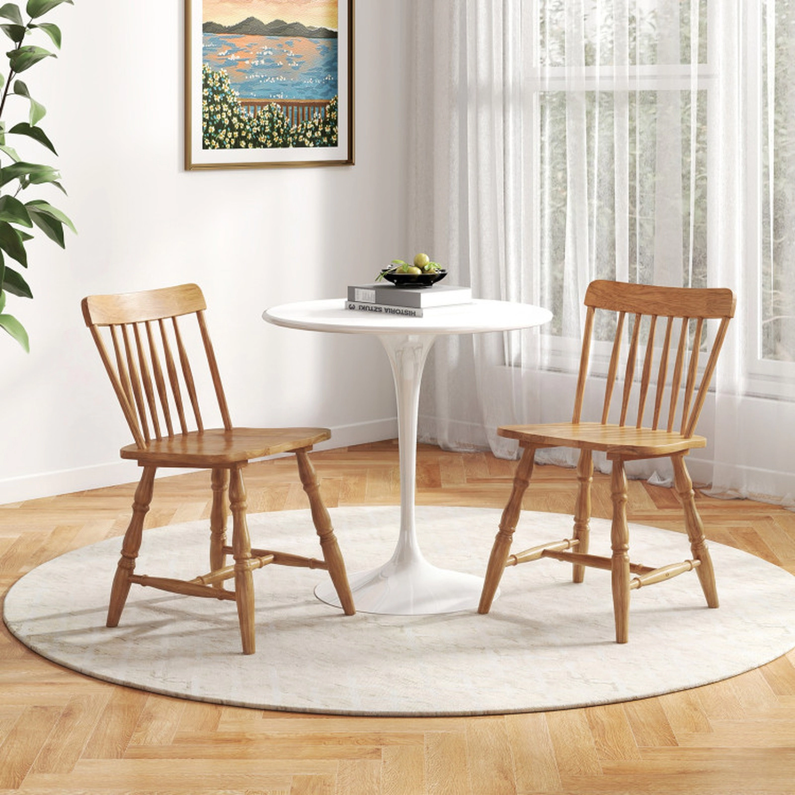 SUGIFT Curved Spindle Back Windsor Dining Chair Set of 2 Rubber Wood Frame 330-Lb Capacity 31.5-in Tall Black/Natural