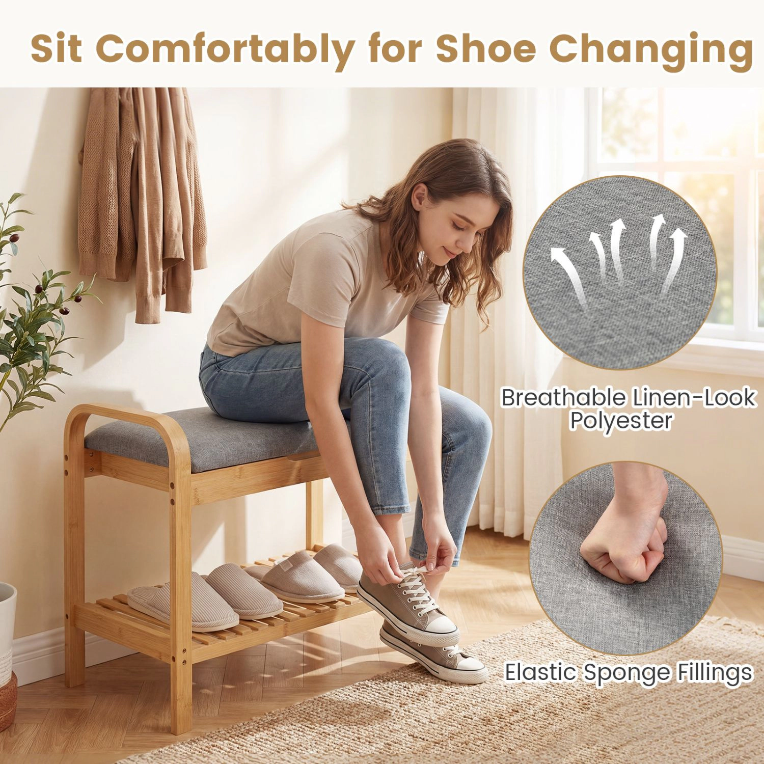 SlickBlue 2 Tier Shoe Rack Bench with Cushioned Seat