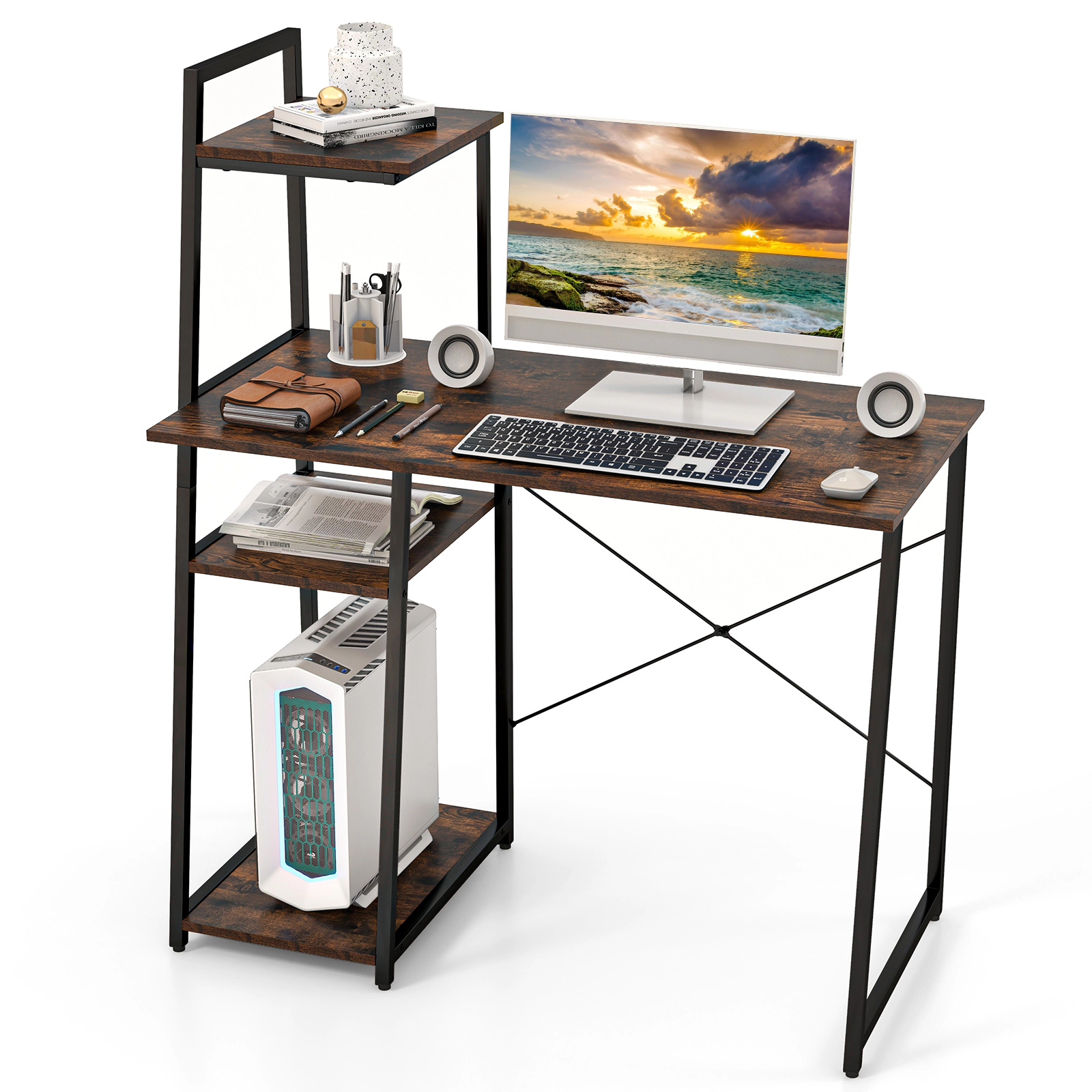 SUGIFT Computer Desk with 3-Tier Storage Bookshelf and 155-lb Desktop Capacity Rustic Brown & Black