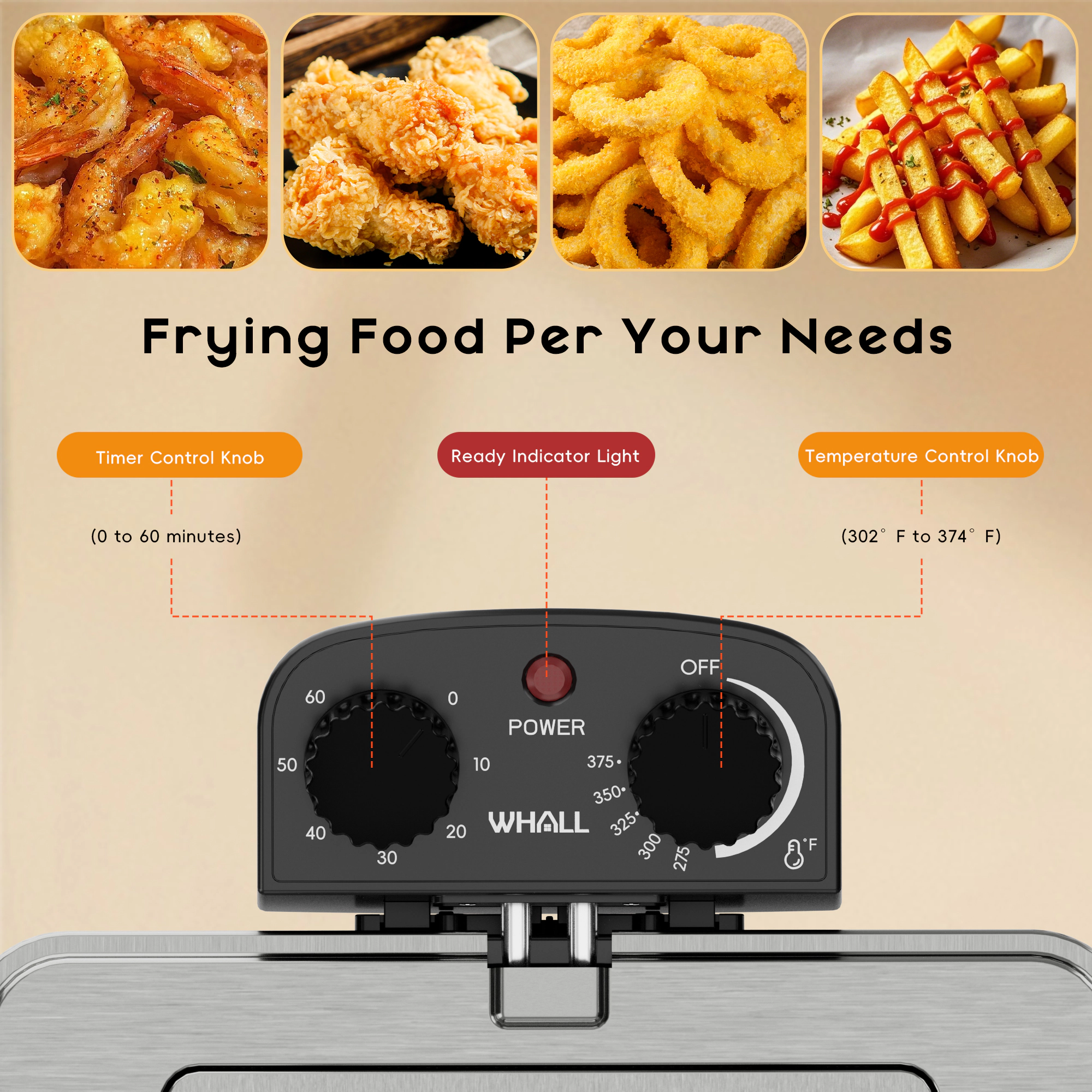 WHALL - 5.3QT Electric Deep Fryer, 1700W Electric Oil Fryer, Triple Baskets, Adjustable Temp,View Window