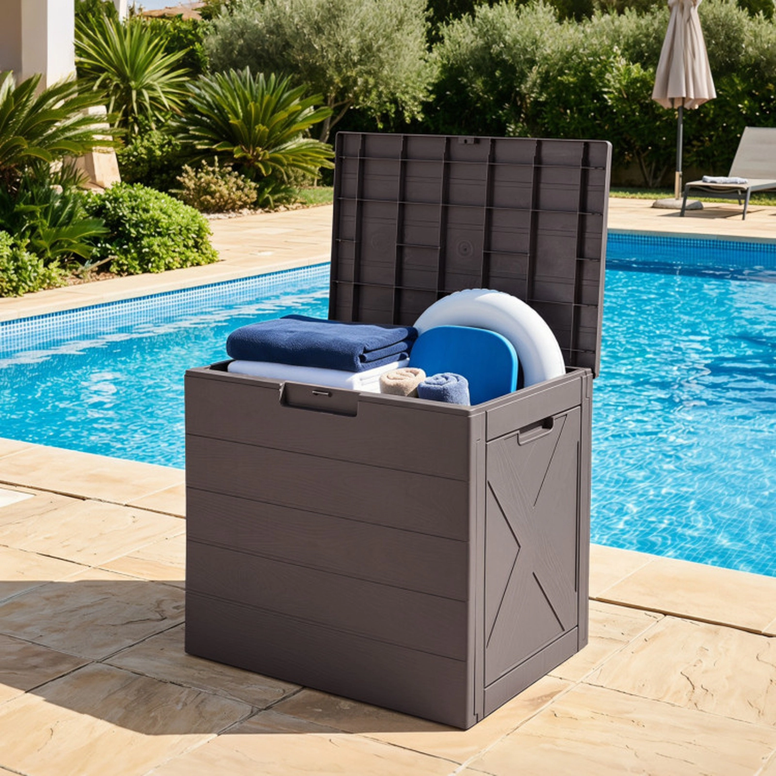 SUGIFT 25-Gallon Outdoor Deck Storage Bin Box with Flip Lid Lock Hole Carry Handles 110-lb Lid Capacity 22-in Wide Brown