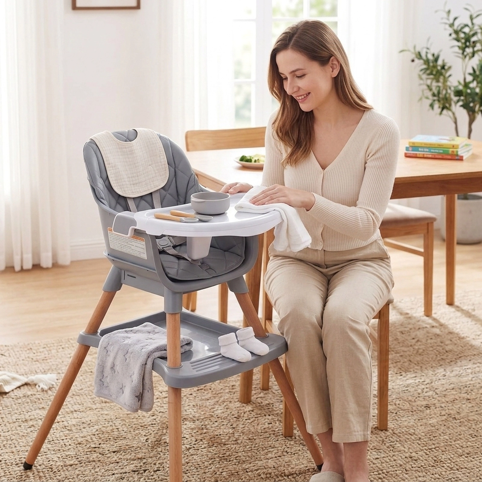 9-in-1 Convertible Beech Wood High Chair for Babies and Toddlers 66-lb Capacity Booster Straps 3-Position Double Tray