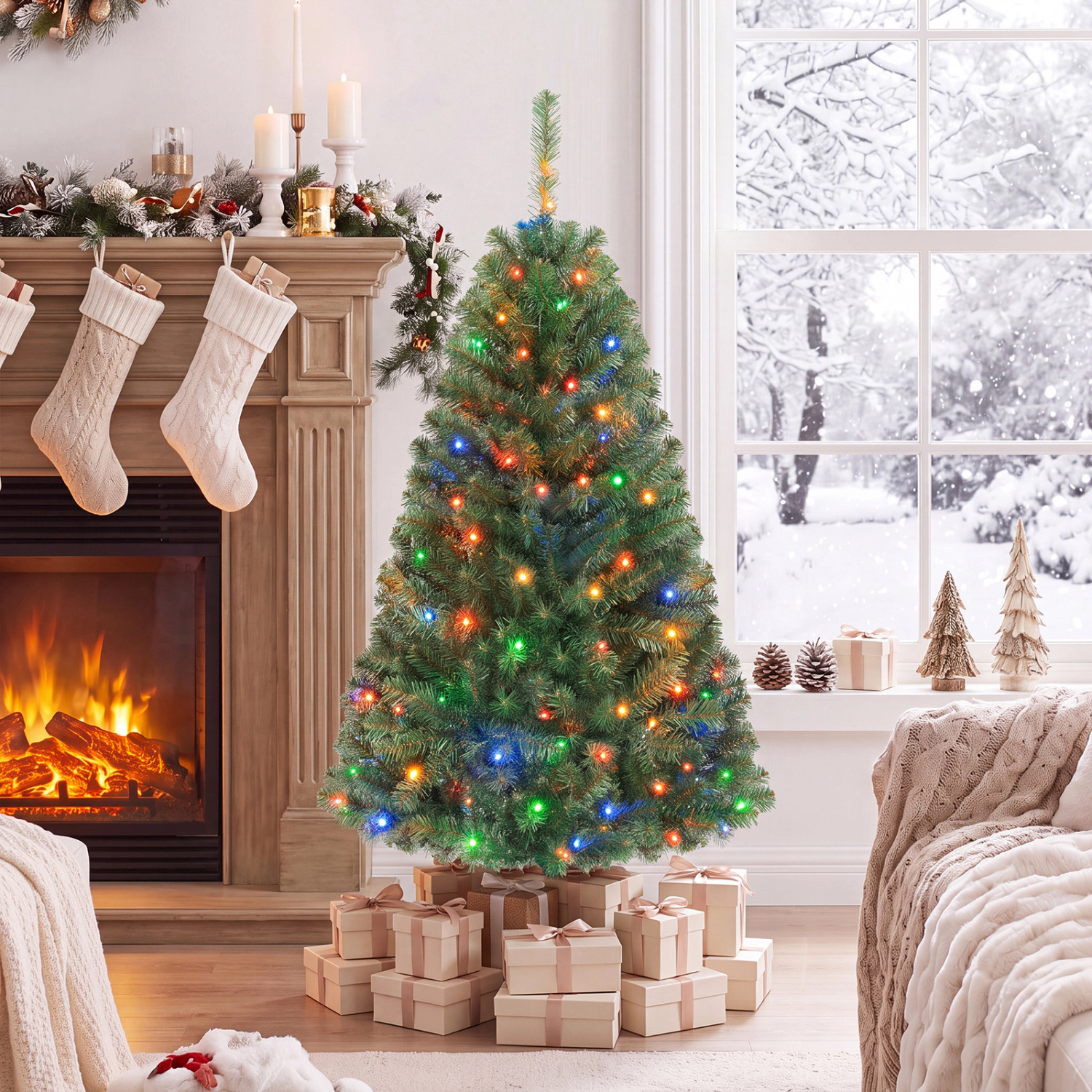 LJG Artificial Christmas Tree with 2 Lighting Colors and Folding Metal Stand