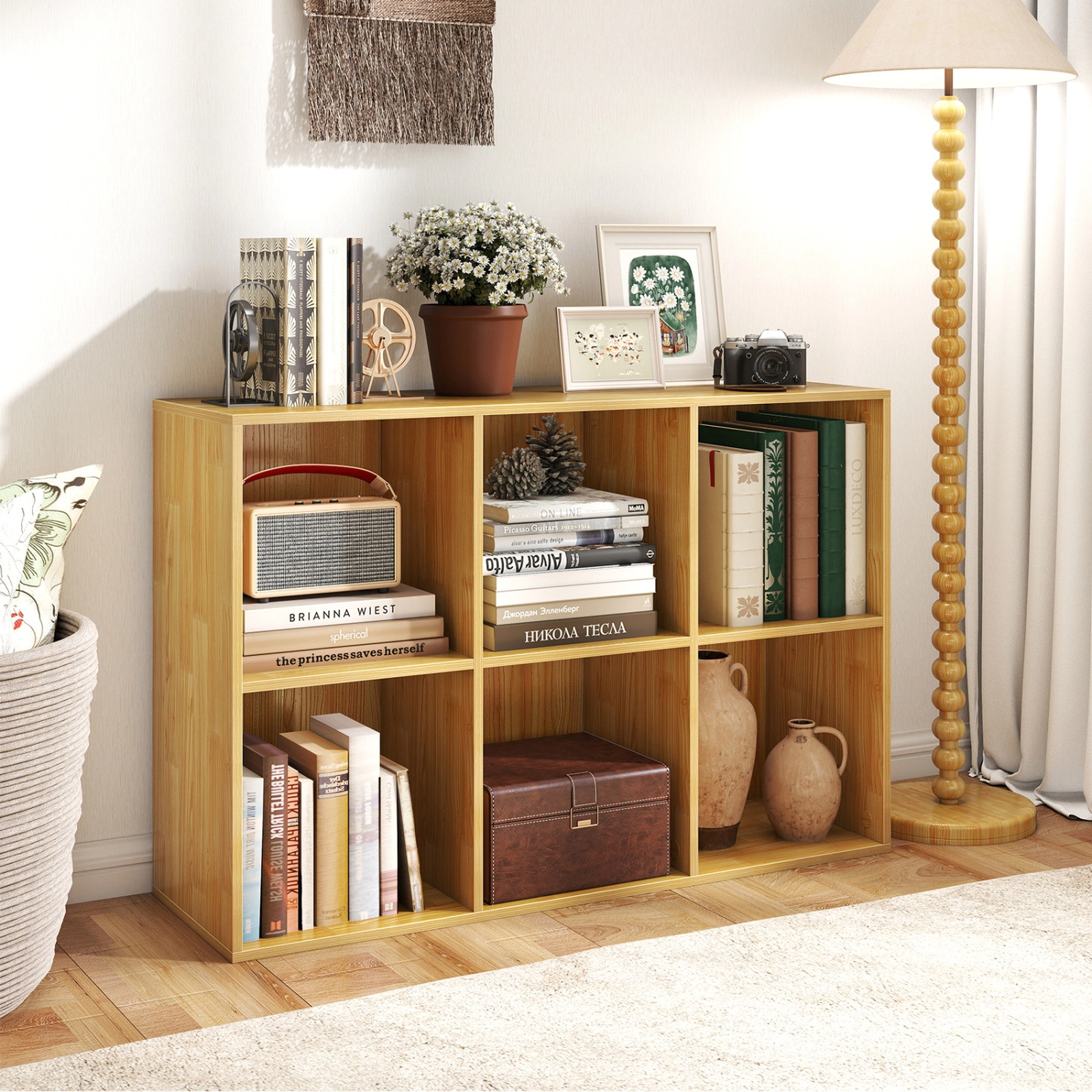 SUGIFT Modern 6-Cube Bookcase 132-lb Top Capacity 22-lb Cube Capacity with Anti-tipping Kits Light Brown