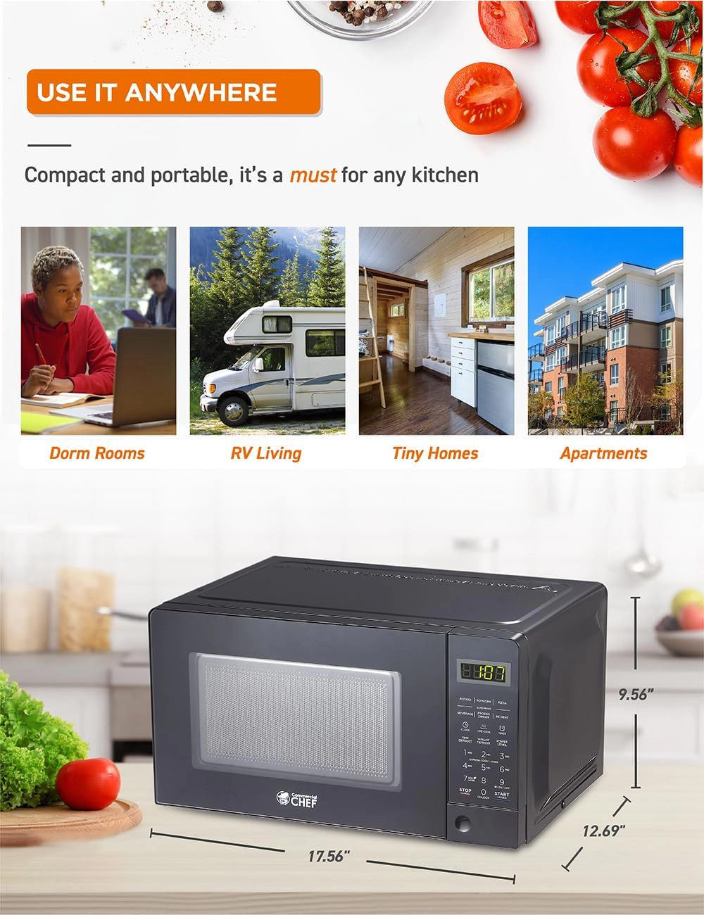 Commercial Chef Countertop Microwave Oven, 0.7 cu. ft., 700W, Push-Button