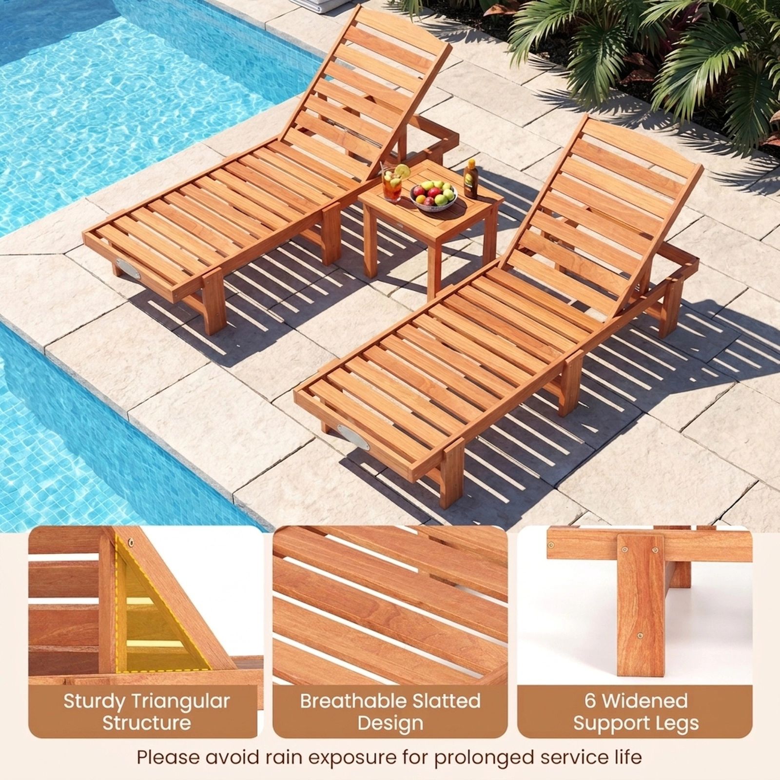 SUGIFT Solid Wood Patio Chaise Lounge, Slatted Recliner, 5-Position Backrest, Natural