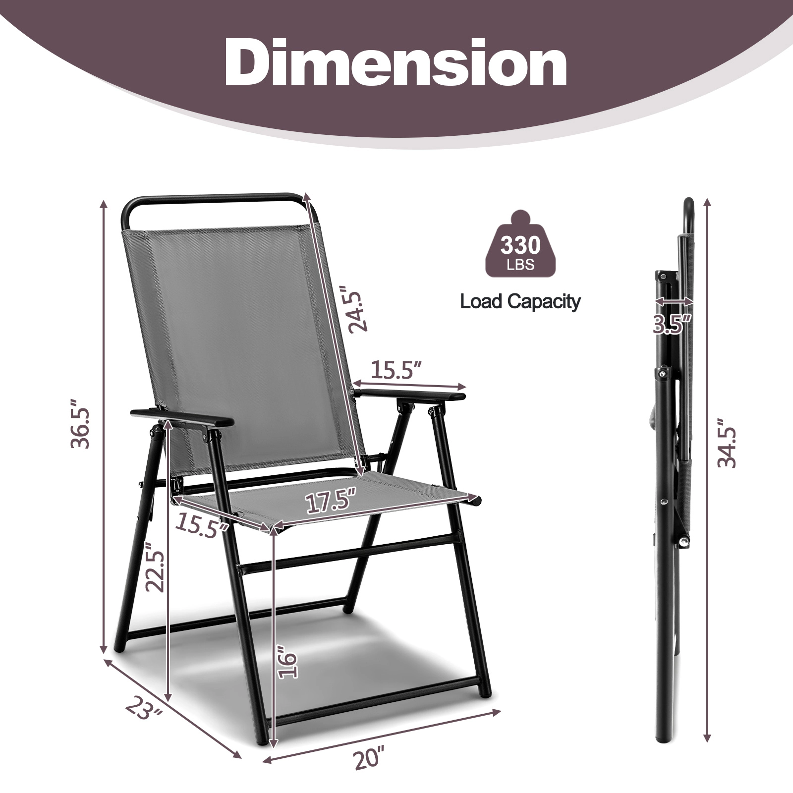 LJG Outdoor Folding Sling Chairs Set of 4 with Armrest and Backrest