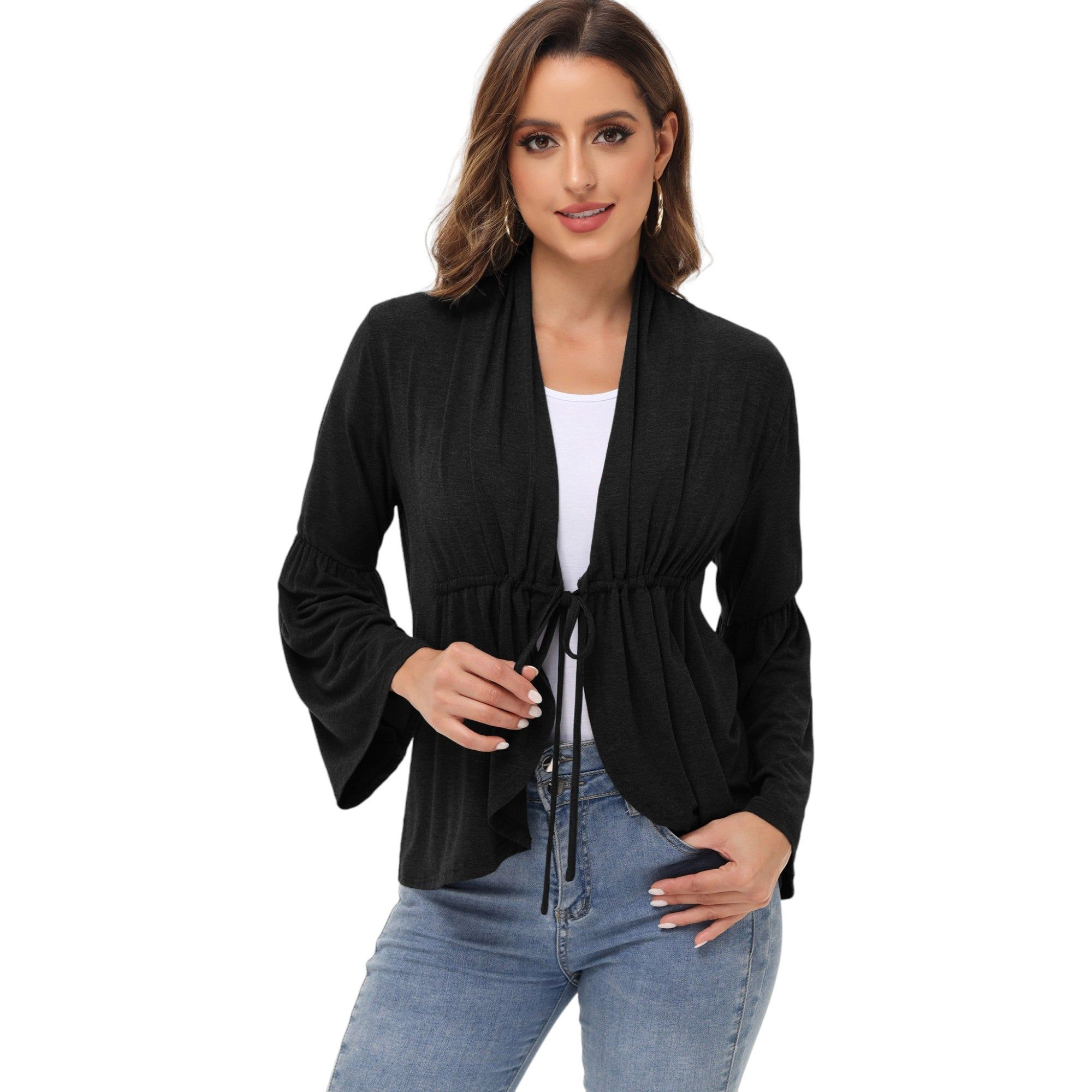 Anna-Kaci Women's Casual Lightweight Cardigans Soft Draped Ruffles Flare Sleeve Cardigan