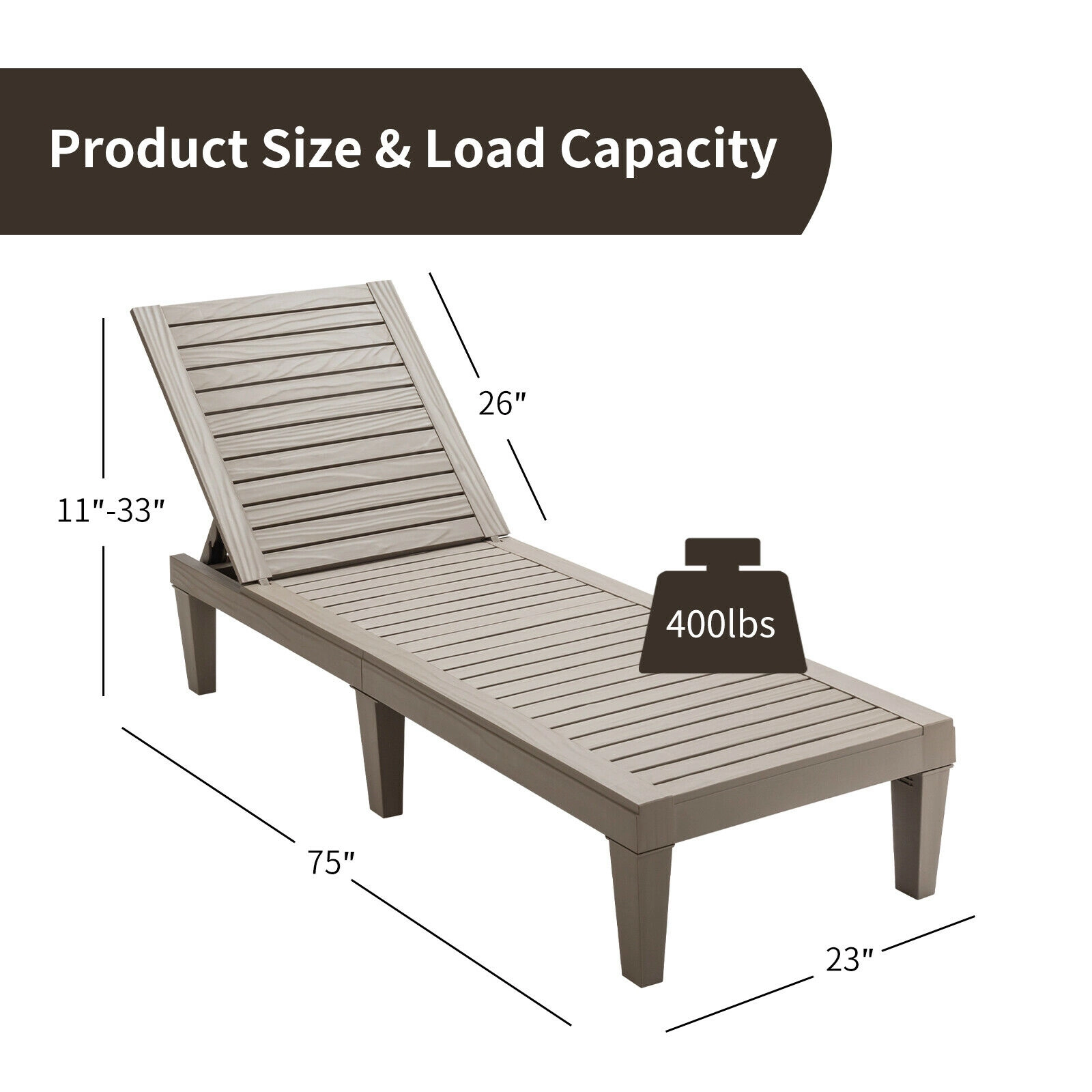 SUGIFT Outdoor Recliner Chaise Lounge Chair with 5-Position Adjustable Backrest 400-lb Capacity 75-in Length Brown