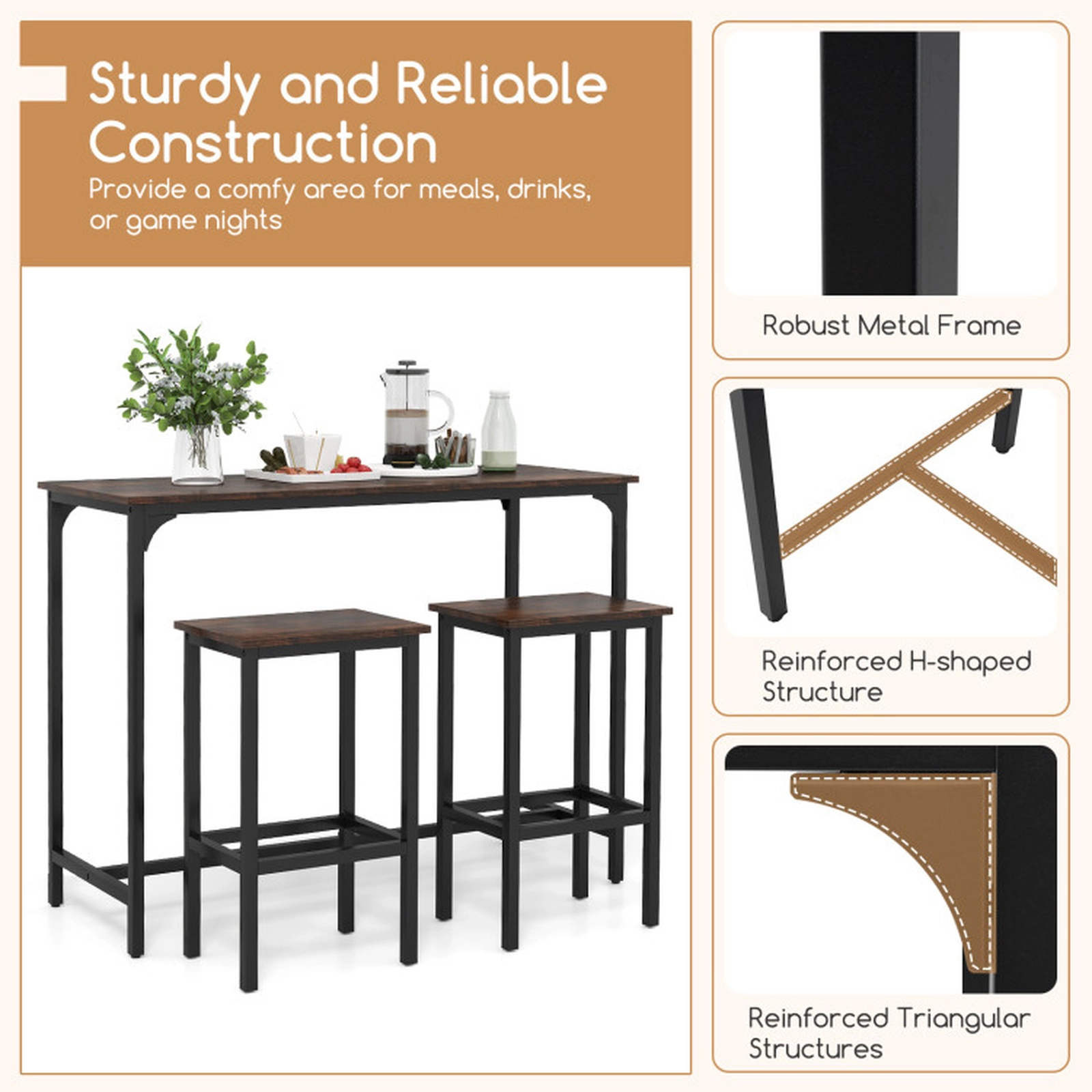 SUGIFT 3-Piece Industrial Counter Height Bar Set, 47.5-Inch Table with 2 Stools