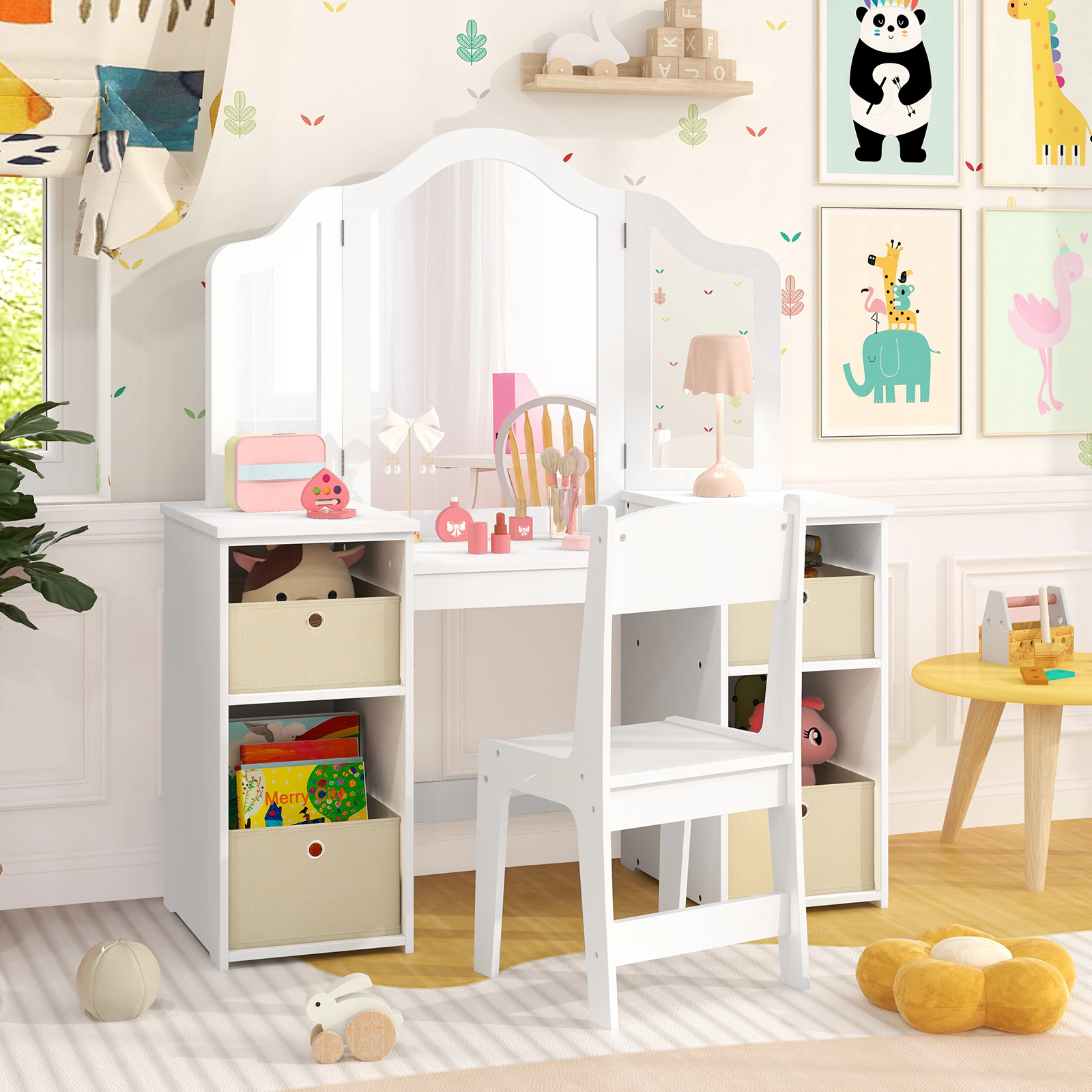 SUGIFT Kids Vanity Table and Stool Set with Tri-Fold Mirror and Storage Shelves and 4 Storage Bins in White