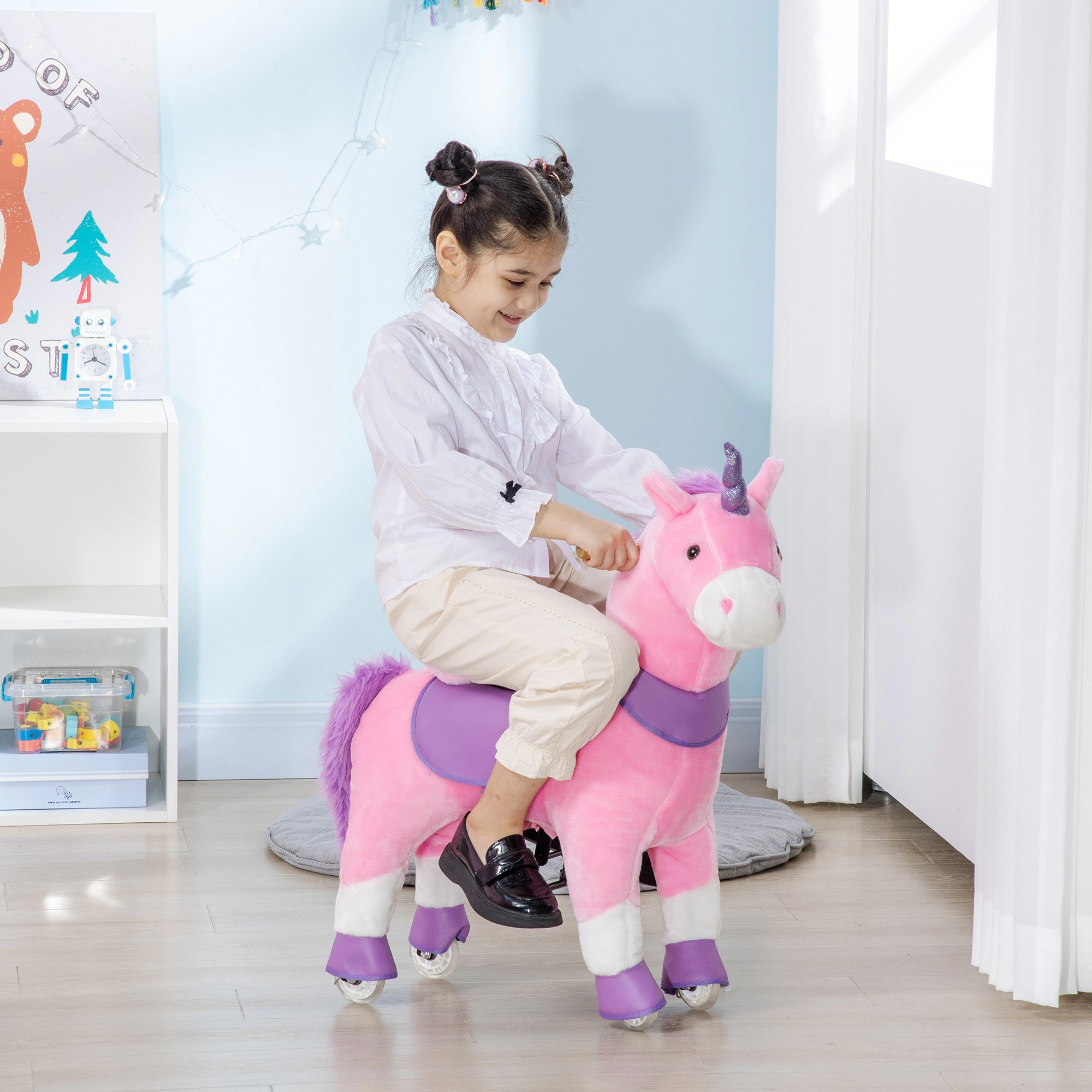 HONGGE Pink Plush Ride-On Unicorn Toy with Sparkly Horn, Padded Seat and Pedal Wheels for Kids Ages 3-6