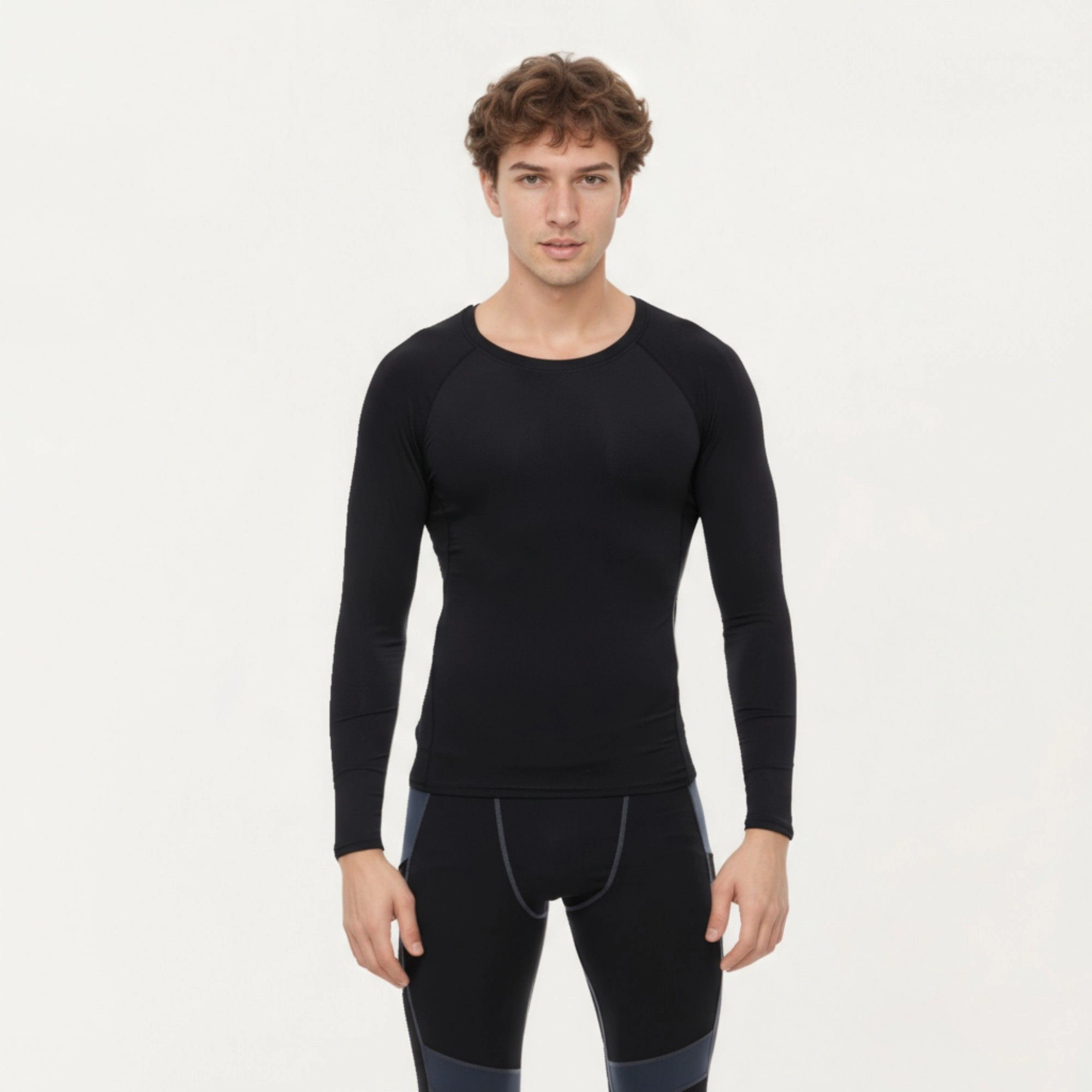 Anna-Kaci Men's Long Sleeve Crew Neck Compression Shirt with Stretch Fabric and Athletic Fit
