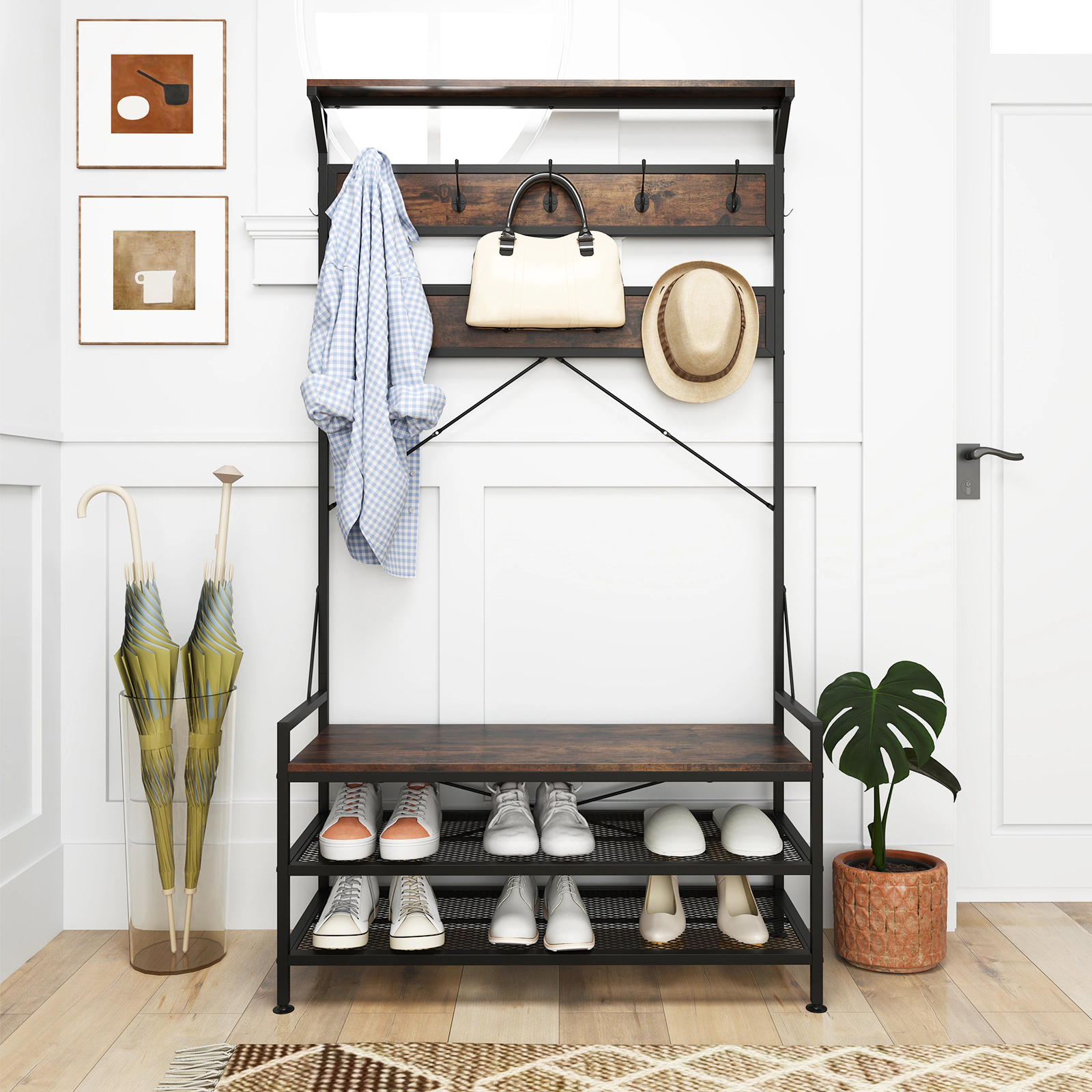 SUGIFT 72.5-in 4-in-1 Entryway Hall Tree with Coat Rack 11 Hooks Storage Shoe Bench and 2-Tier Rack