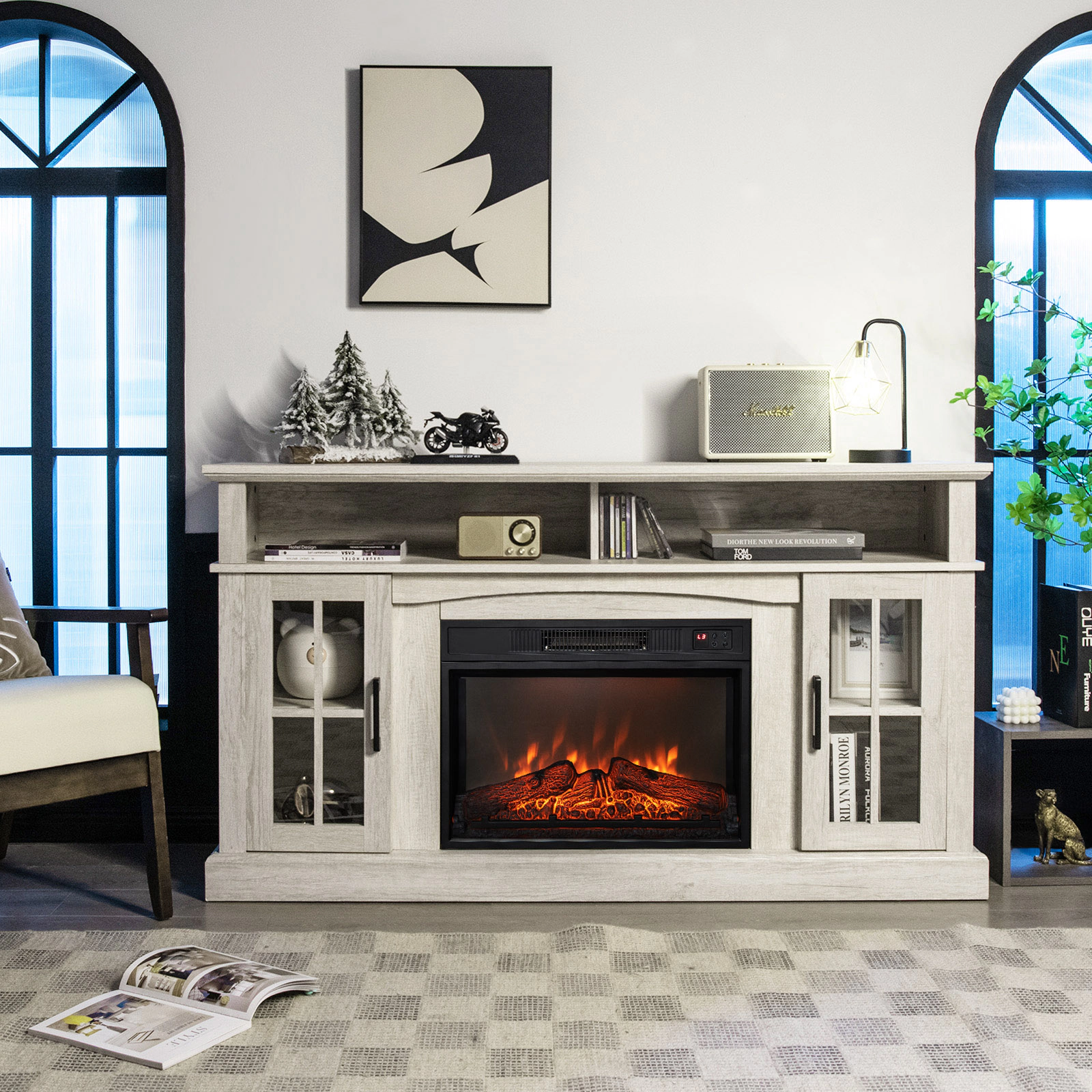 SUGIFT Gray Fireplace TV Stand for TVs up to 65 in with 5000 BTU Heater and Side Cabinets