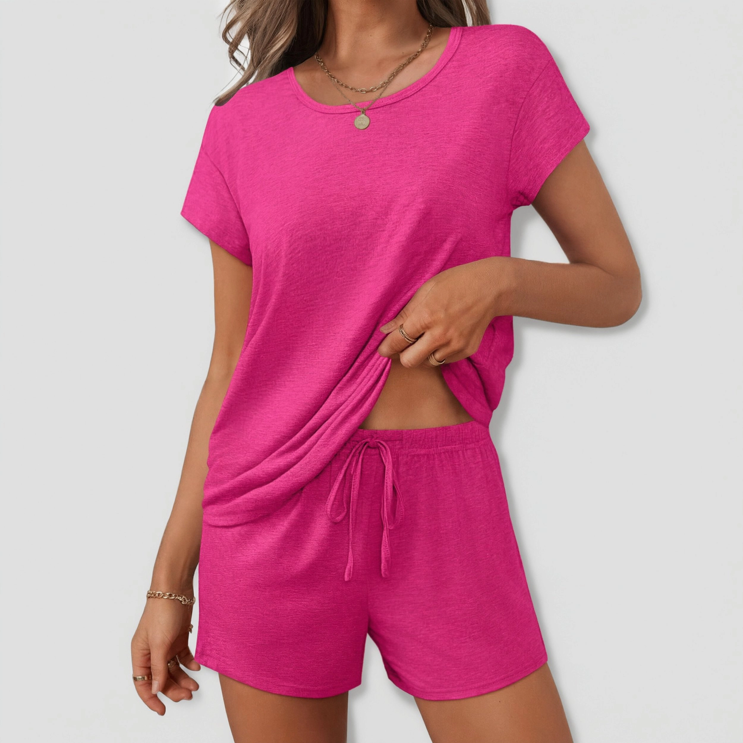 Ekouaer Womens Two Piece Pajamas Set Short Sleeve Comfy Lounge Set Round Neck Tops and Shorts