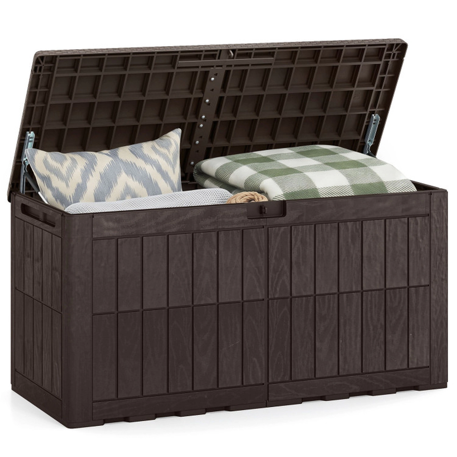 SUGIFT Waterproof Lockable Outdoor Deck Box 100-Gallon Storage 310-lb Seating Capacity Dark Brown