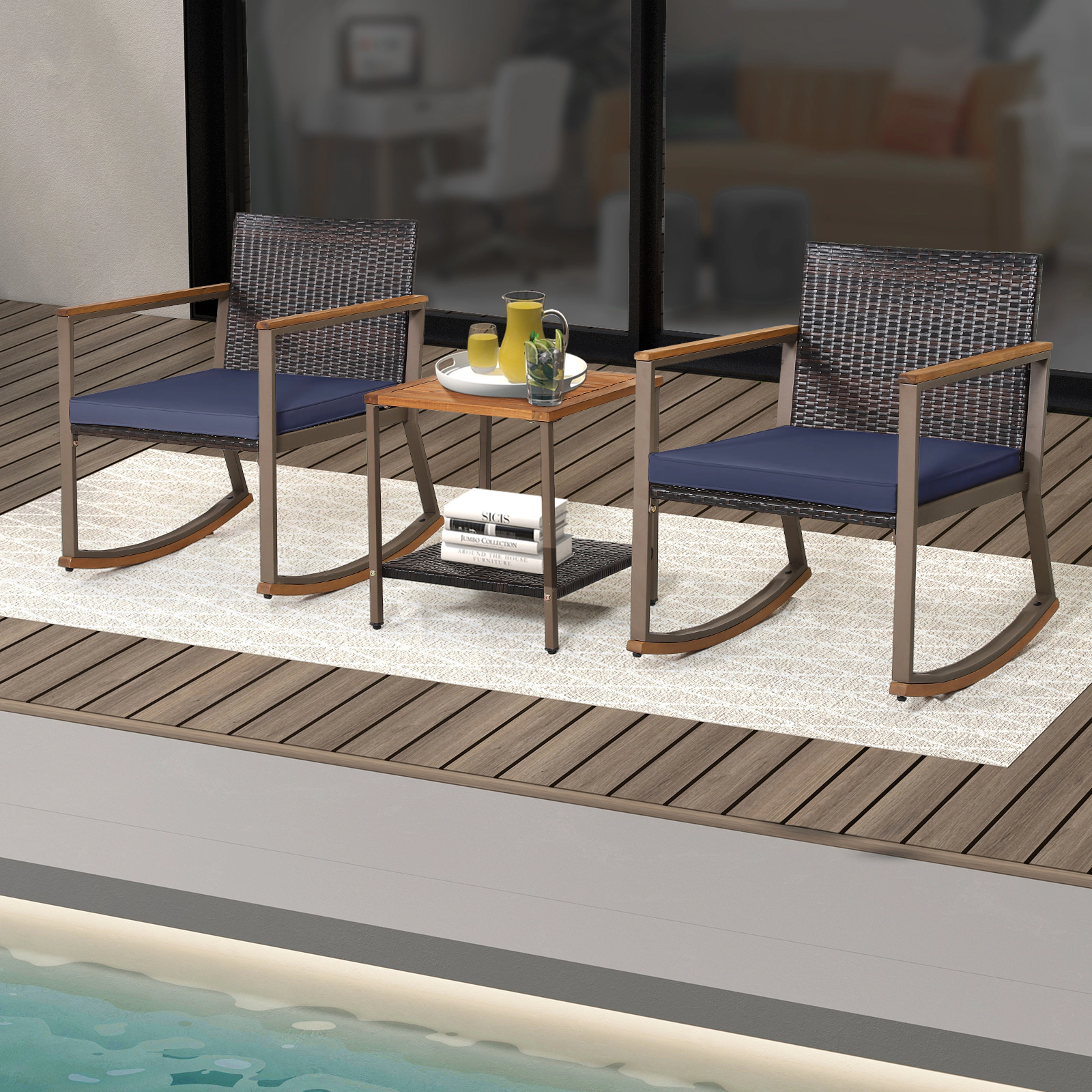 SUGIFT 3-Piece Outdoor Rattan Rocking Chair Bistro Set with 2-Tier Acacia Wood Table