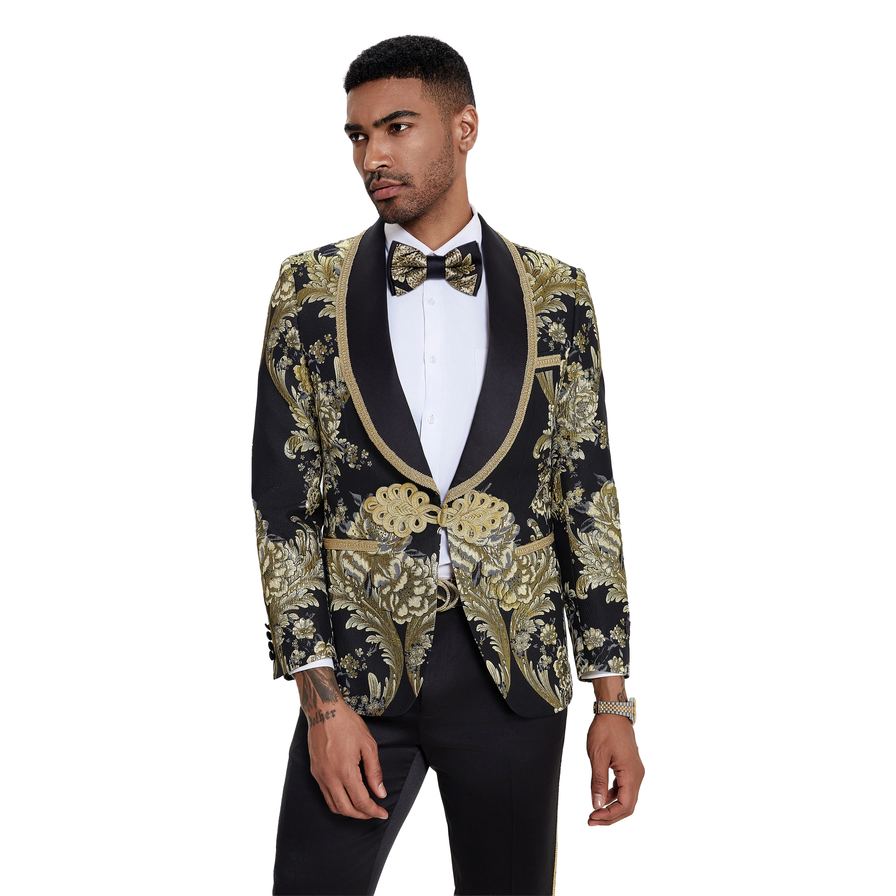 Tazzio Mens Skinny Fit Paisley Jacquard 2pc Tuxedo Set With Bowtie