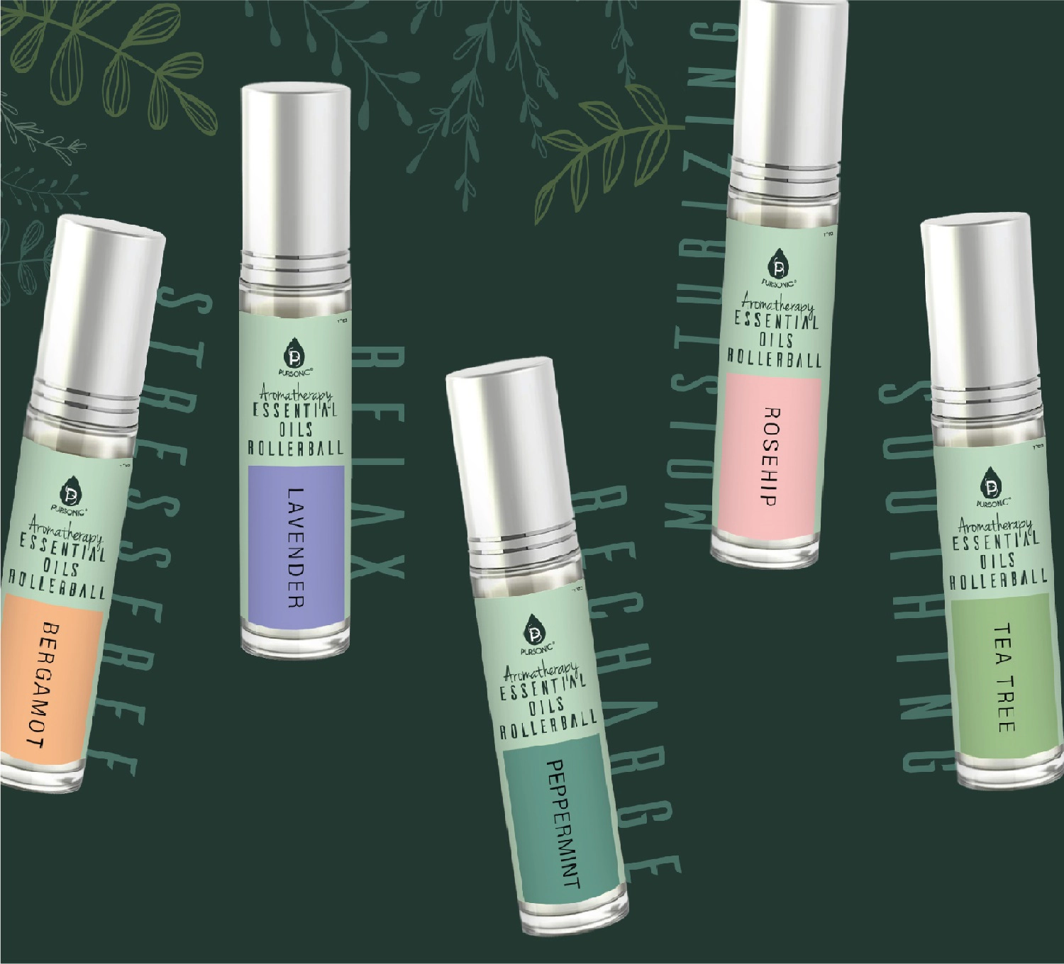 Pursonic Unisex Natural Aromatherapy Essential Oil Rollerball Wellness Set